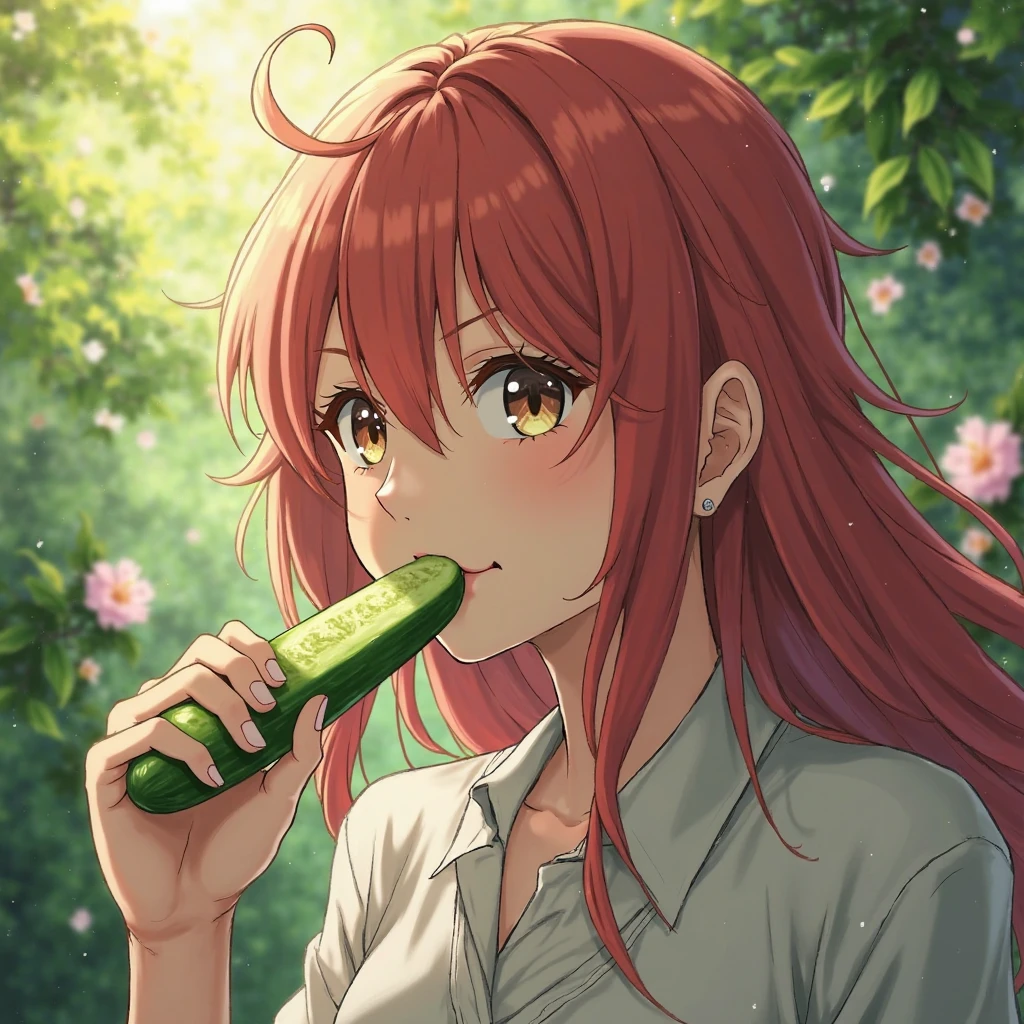 A woman wearing a long-sleeved green leather jacket, white shirt, black denim shorts, exposed thigh, casual sneakers, green hair, long hair, red bangs, multicolored hair, red eyes, walking on a concrete sidewalk in a park, waterfall background, smiling, big breasts, perfect face, very detailed eyes, ultra quality,(solo woman),.HDR, ultra resolution, well defined, masterpiece, 8K HD. (solo woman)(((sucking a veiny penis))).
 