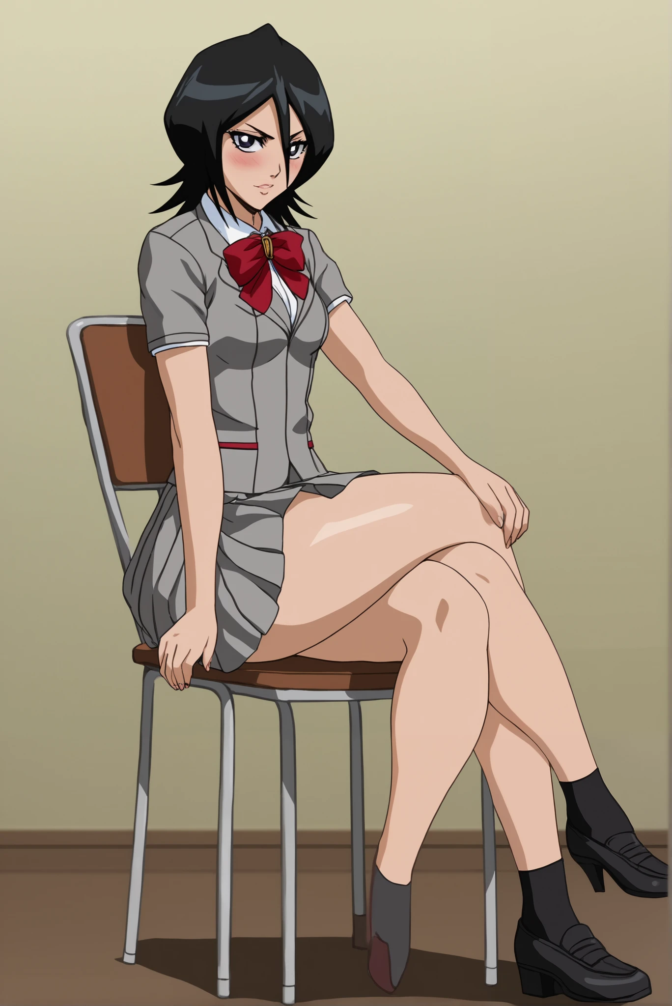 Bleach anime artstyle, Rukia Kuchiki, Rukia bleach, detailed, high quality, 1girl, solo, sexy, nsfw, sitting on chair, short, indoors background, close-up, blushing, looking at viewer, full body, small breasts, plump lips, big ass, large bubblebutt, creamy thighs, thick thighs, grey school uniform, grey box pleats skirt, Rukia bleach school outfit, small bra covered by clothing, pink thong under skirt, cleavage, good proportions,