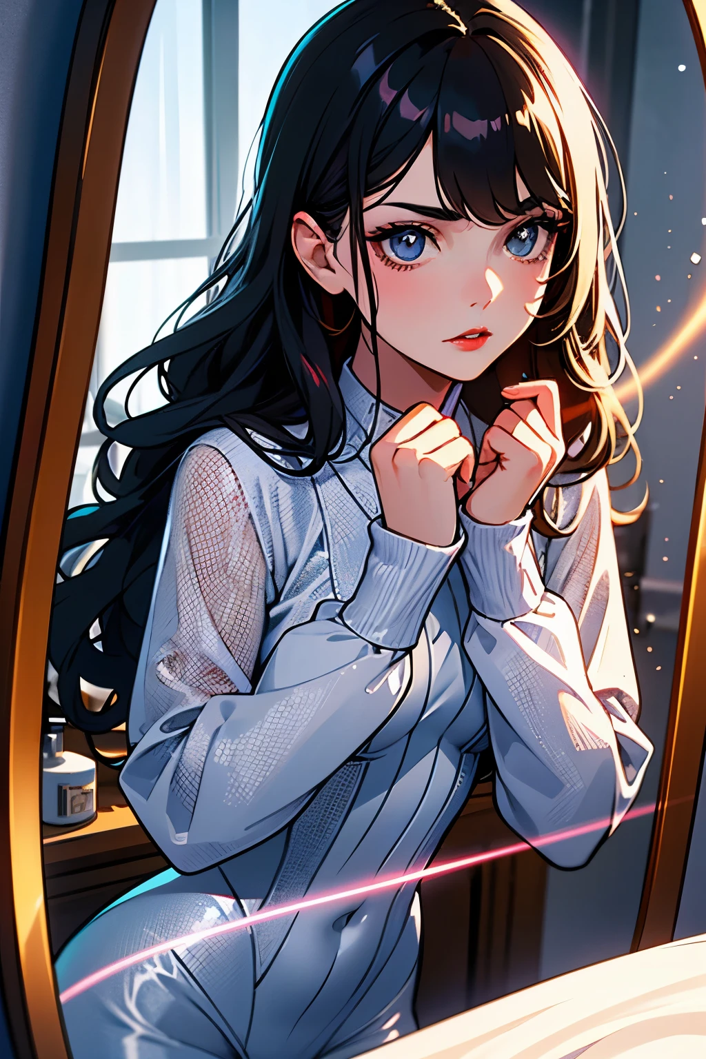 (highest quality:1.2), a 15-years-old girl is standing in a powder room. facing the mirror, a difficult expression on her face, front view, a photorealistic cute girl, beautiful face,looking doubtful, European face like a doll, heaviy make-up face, serious face, close mouth,  beautiful detailed eyes with dark blue eyeshadow,fully open eyes, beautiful bloody red lip, her face looks a difficult expression, long black hair, upper body portrait above the knees, small breast, wearing long sleeve white leotard,tight-fitting and extra shiny white leotard, wearing white fishnet bodysuits。