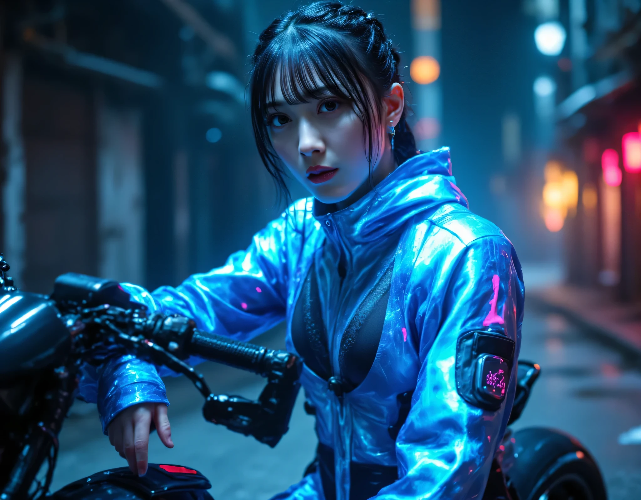 (((The dark Nostromo highway:2.0))),((( HR Gigger Style Cyberpunk Atmosphere :2.0))),((Ride the blue glowing glass motorbike of the future:2.0)),(((ride on a cyberpunk falcon motorbike:2.0))),((full body:2.0)),one woman,(cute face),(Beautiful well-balanced face ),((braids with bangs :2.0)),( black hair:1.5),(beautiful eyes:1.3),glamorous shot of a 20-year-old Japanese woman, Slender Beautiful Body ,((model body type:2.0)),(( slim body with hot water:1.7)),perfect body line,Ideal Proportions,((big breasts:2.0)),((F cup chest wearing:1.5)),Big Breasts,Bare thighs,sensual thighs seen from below the crowd,delicate body,( Muscular:1.7),A harmonious posture,((Realistic breast depiction :1.7)),carefully depicts limbs based on perfect anatomy,((Super Hi-leg leotard that shines blue in the style of futuristic samurai armor:2.0)),((super high leg leotard made of glass that fits the body:1.5)),((military coat style translucent blue coat with the front open over a leotard:2.0)),(ear monitor:1.5),((Tactical Holster:1.5)),(gloves:1.3),concept art,(Best Quality:1.5),(masterpiece:1.5),(超高resolution),resolution,UHD,( delicate depiction), carefully drawn with butterfly wings ,32K,((realistic skin texture:1.5)),((( super realistic :1.5))), eyelashes,very detailed face,Highly detailed female hand, Sexy appearance ,Very sensual,(Blurry Dim Backgrounds :1.5),professional photo shoot,(movie light:2.0),(( Blade Runner Style Lights :2.0))
