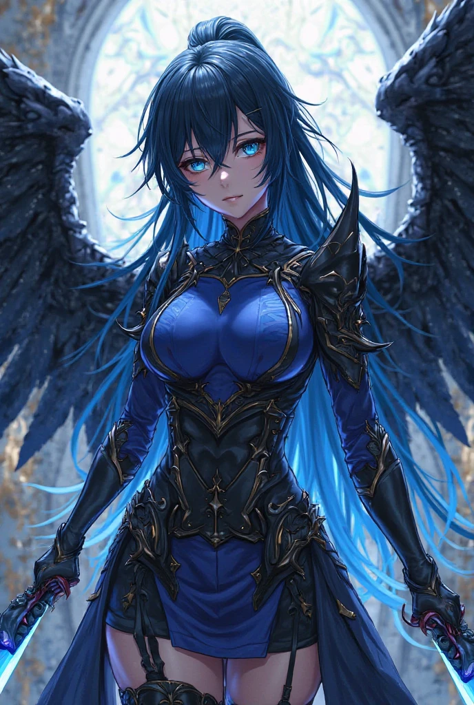 Angel of Death, Girl, blue eyes, black wings , long bright blue hair, perfect body, erotica