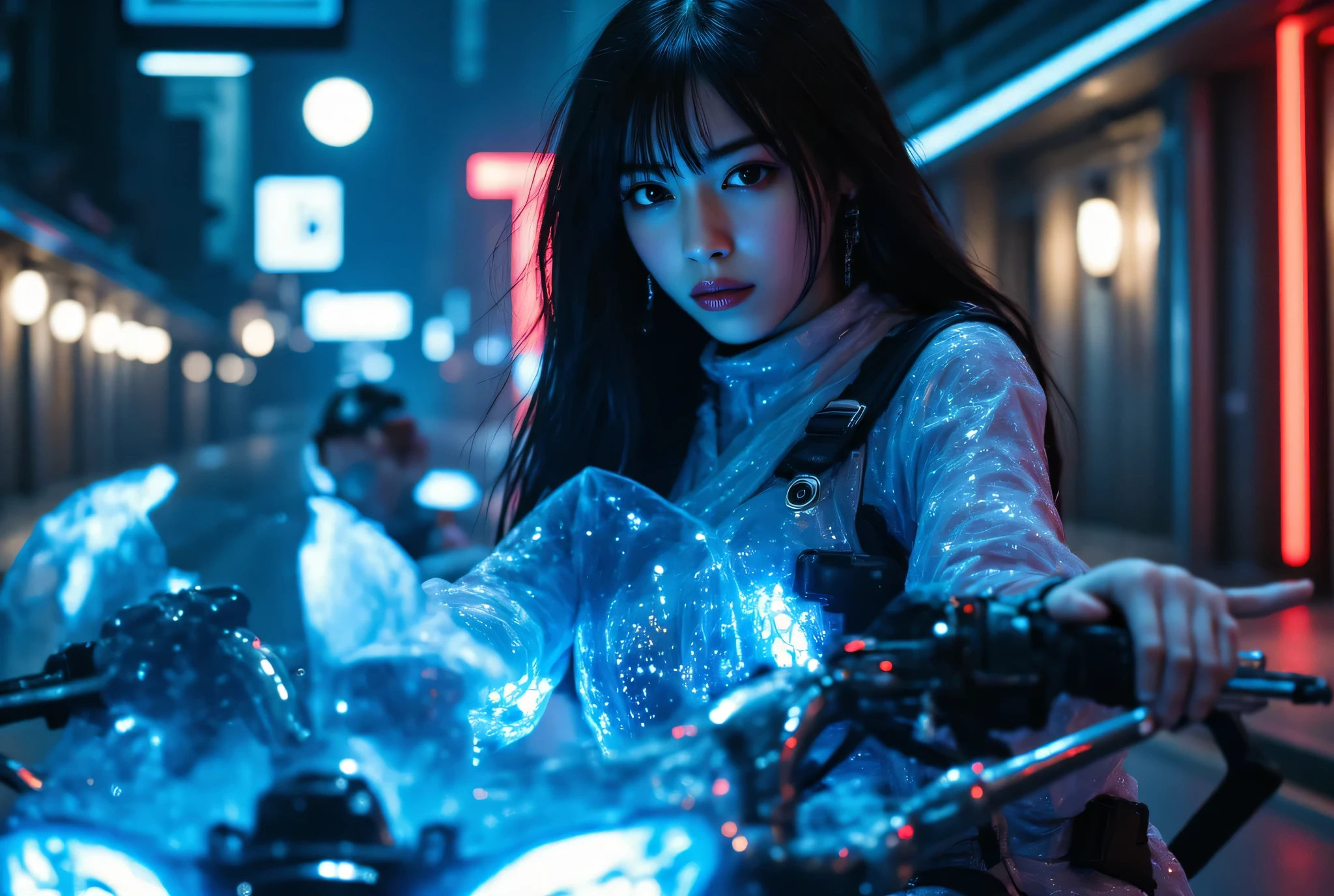 (((The dark Nostromo highway:2.0))),((( HR Gigger Style Cyberpunk Atmosphere :2.0))),((Ride the blue glowing glass motorbike of the future:2.0)),(((ride on a cyberpunk falcon motorbike:2.0))),((full body:2.0)),one woman,(cute face),(Beautiful well-balanced face ),((long hair with bangs:2.0)),( black hair:1.5),(beautiful eyes:1.3),glamorous shot of a 20-year-old Japanese woman, Slender Beautiful Body ,((model body type:2.0)),(( slim body with hot water:1.7)),perfect body line,Ideal Proportions,((big breasts:2.0)),((F cup chest wearing:1.5)),Big Breasts,Bare thighs,sensual thighs seen from below the crowd,delicate body,( Muscular:1.7),A harmonious posture,((Realistic breast depiction :1.7)),carefully depicts limbs based on perfect anatomy,((Super Hi-leg leotard that shines blue in the style of futuristic samurai armor:2.0)),((super high leg leotard made of glass that fits the body:1.5)),((military coat style translucent blue coat with the front open over a leotard:2.0)),(ear monitor:1.5),((Tactical Holster:1.5)),(gloves:1.3),concept art,(Best Quality:1.5),(masterpiece:1.5),(超高resolution),resolution,UHD,( delicate depiction), carefully drawn with butterfly wings ,32K,((realistic skin texture:1.5)),((( super realistic :1.5))), eyelashes,very detailed face,Highly detailed female hand, Sexy appearance ,Very sensual,(Blurry Dim Backgrounds :1.5),professional photo shoot,(movie light:2.0),(( Blade Runner Style Lights :2.0))