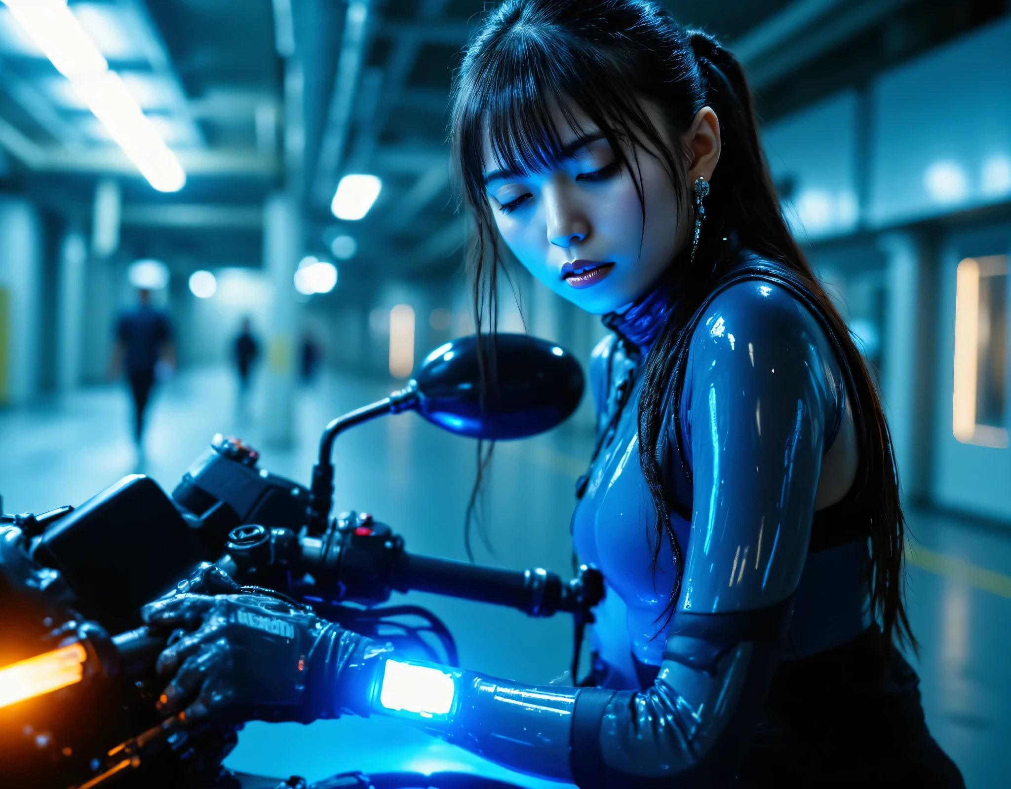 (((The dark Nostromo highway:2.0))),((( HR Gigger Style Cyberpunk Atmosphere :2.0))),((Ride the blue glowing glass motorbike of the future:2.0)),(((ride on a cyberpunk falcon motorbike:2.0))),((full body:2.0)),one woman,(cute face),(Beautiful well-balanced face ),((braids with bangs :2.0)),( black hair:1.5),(beautiful eyes:1.3),glamorous shot of a 20-year-old Japanese woman, Slender Beautiful Body ,((model body type:2.0)),(( slim body with hot water:1.7)),perfect body line,Ideal Proportions,((big breasts:2.0)),((F cup chest wearing:1.5)),Big Breasts,Bare thighs,sensual thighs seen from below the crowd,delicate body,( Muscular:1.7),A harmonious posture,((Realistic breast depiction :1.7)),carefully depicts limbs based on perfect anatomy,((Super Hi-leg leotard that shines blue in the style of futuristic samurai armor:2.0)),((super high leg leotard made of glass that fits the body:1.5)),((military coat style translucent blue coat with the front open over a leotard:2.0)),(ear monitor:1.5),((Tactical Holster:1.5)),(gloves:1.3),concept art,(Best Quality:1.5),(masterpiece:1.5),(超高resolution),resolution,UHD,( delicate depiction), carefully drawn with butterfly wings ,32K,((realistic skin texture:1.5)),((( super realistic :1.5))), eyelashes,very detailed face,Highly detailed female hand, Sexy appearance ,Very sensual,(Blurry Dim Backgrounds :1.5),professional photo shoot,(movie light:2.0),(( Blade Runner Style Lights :2.0))