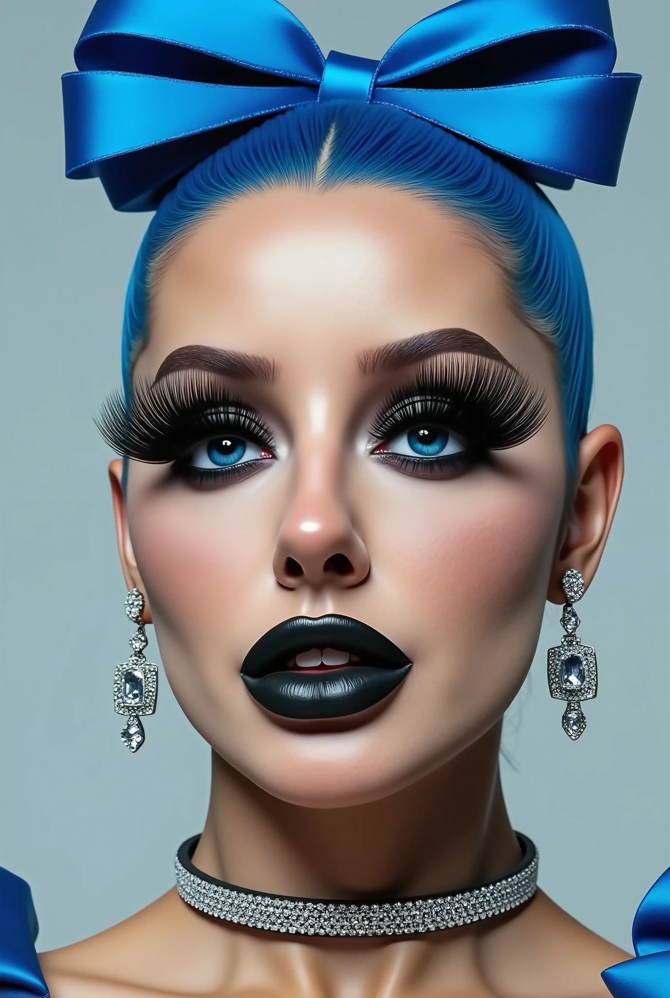 incredibly long and voluminous eyelash extensions, bright blue makeup, blue hair , diamond earrings , collar, black lips, bow-shaped hair ,