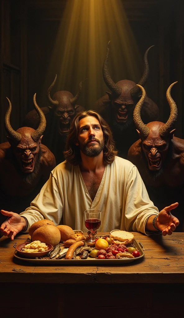 change all people in the last supper painting to,
angel with wings,
alien with big eyes,
satan with smile face have horn forhead, gokou with supersaiyan god,
mr bean young,
and the middle is jesus mohank hairstyle
and other change to devil and alien
and the background is last supper