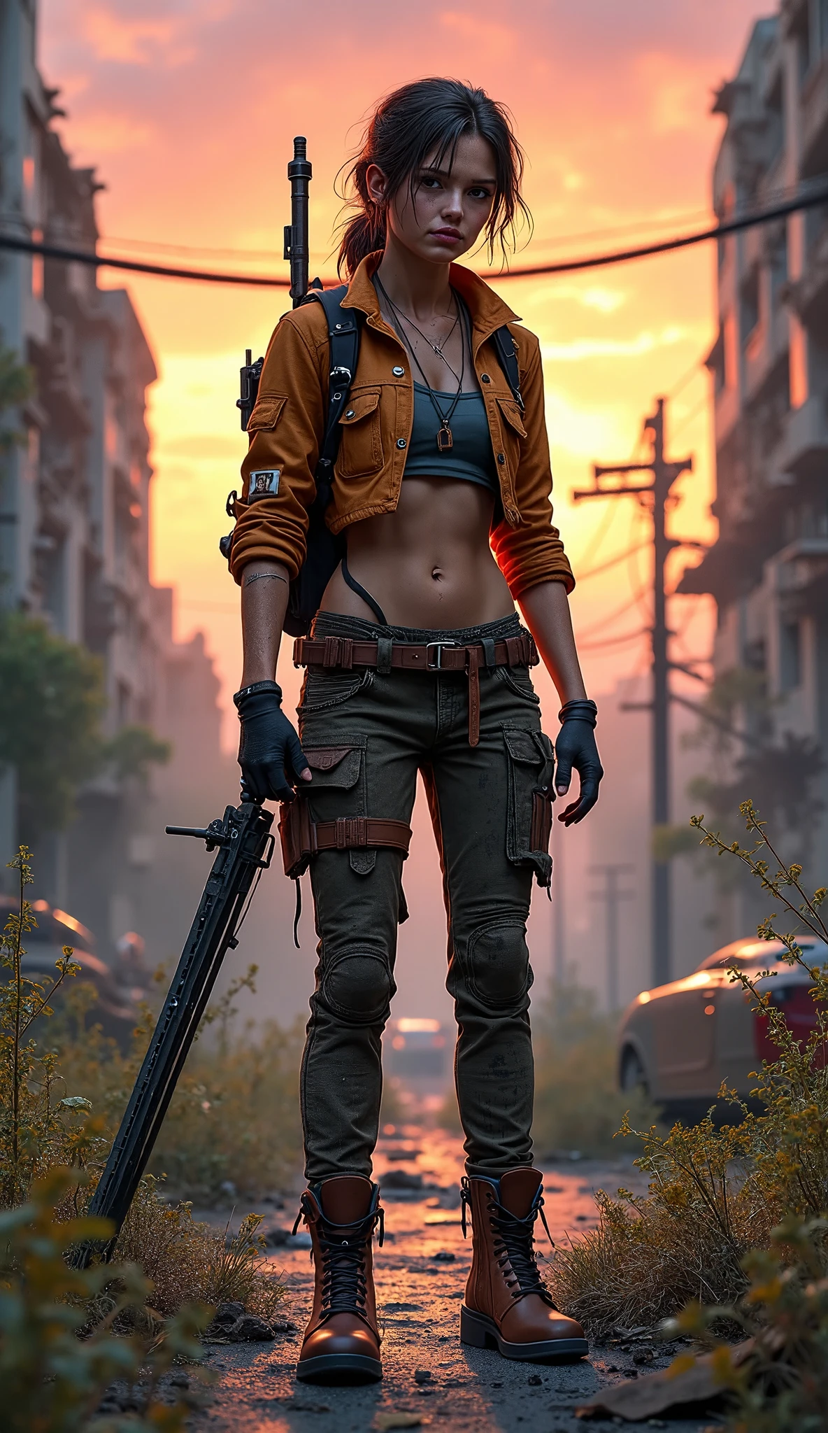 Illustrate a female Post-Apocalyptic Survivor standing in a desolate urban landscape, showcasing her resilience and resourcefulness. She is positioned amidst the ruins of a once-thriving city, with crumbling buildings and overgrown vegetation surrounding her. Her appearance is rugged yet striking, with a weathered face that tells stories of survival. She has long, unkempt hair, partially tied back with a scrap of fabric, and her skin is sun-kissed and marked with dirt and scars, reflecting her harsh environment. Her eyes are sharp and determined, conveying a sense of strength and adaptability. She wears a patchwork outfit made from scavenged materials, including a fitted leather jacket adorned with various pockets and straps for carrying supplies. Her pants are durable and slightly tattered, with reinforced knee pads for protection. She has sturdy, worn boots that show signs of extensive travel. In one hand, she holds a makeshift weapon—a modified crossbow or a sturdy staff—crafted from salvaged materials, showcasing her ingenuity. A small backpack is slung over her shoulder, filled with essential survival gear, such as a water canteen, a first-aid kit, and a few precious supplies. The background features a stark contrast between nature and decay, with wild plants reclaiming the concrete jungle. A distant skyline is silhouetted against a dramatic sky, filled with swirling clouds and hints of a setting sun, casting an orange and purple glow over the scene. Scattered debris, remnants of the old world, and hints of technology can be seen throughout the environment, such as rusted vehicles and broken streetlights, adding depth to the setting. The overall atmosphere is one of survival, resilience, and the enduring spirit of humanity in the face of adversity