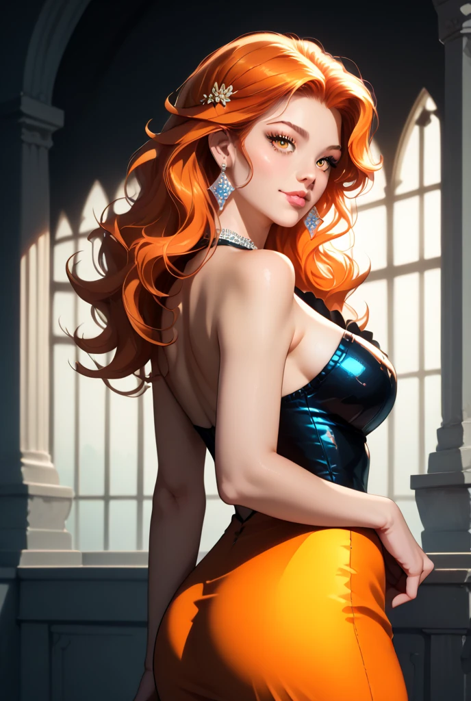 chiaroscuro technique on sensual illustration of an elegant , retro and vintage, matte painting, by Hannah Dale, by Harumi Hironaka, extremely soft colors, vibrant, pastel, highly detailed, digital artwork, high contrast, dramatic, refined, tonal, golden ratio, nami, orange hair, orange eyes, big breasts, cleavage, arms behind back, looking at viewer, portrait, (solid black background),