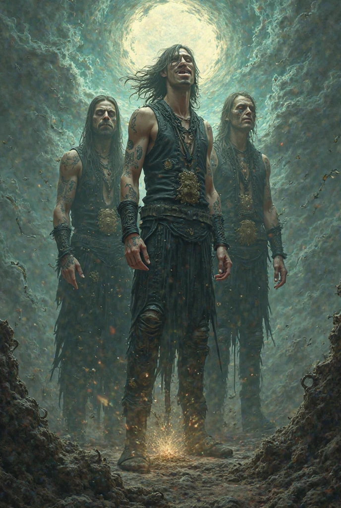 A surreal and ethereal landscape of the Greek God Hades seductive and virile, with long black hair and beautiful perfect face, strong and perfect body, and the Greek goddess Persephone with blonde hair and the perfect face, while they are both in a dreamli...