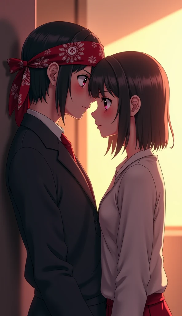 shinkai makoto, kimi no na wa., 1girl, 1boy, bangs, black hair, blush, (boy wear Suspender Clothes), ((girl wear maid dress, short dress), maid, apron, maid headdress), bow, ribbon, short hair, cute, love, couple, adorable, Off-the-shoulders, dating, (((kiss, deep kiss, tongue, saliva))), closed eyes, bracelet, passionate hug, valentine background, In a romantic atmosphere, Feel the romantic theme of Valentine's Day