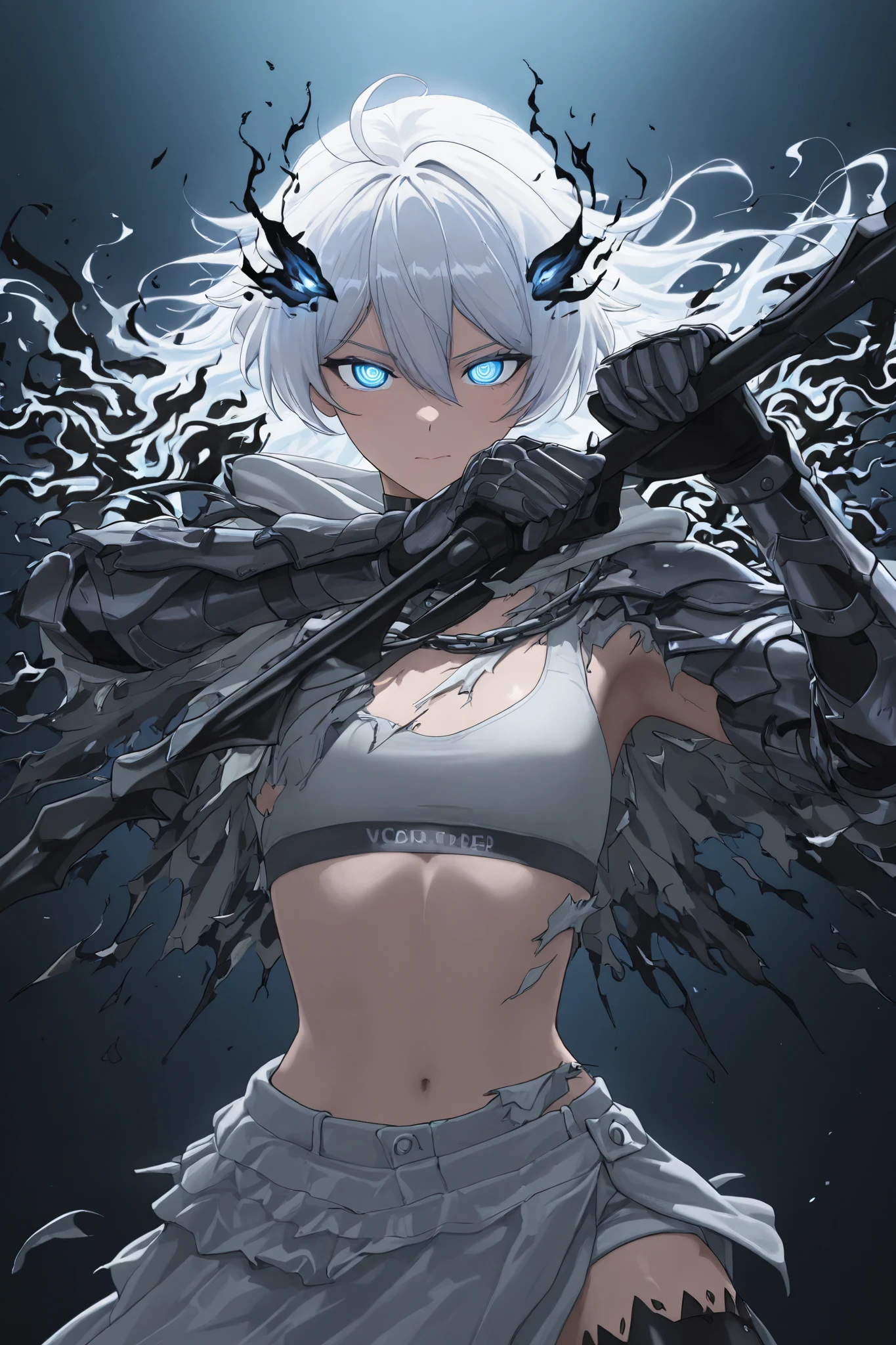 Anime illustration, detailed anime artstyle, cinematic, backlighting, backlit, cold light, colorful, light reflection, upper body shot, fotoshoot, model, solo, 1girl, asymmetrical armor, detailed skin, extremely detailed eyes, (dynamic pose:1.4), Kiana, pure shining white hair, [long hair, loose hair|(black flames, burning hair:1.2):0.4], kiana kaslana, flat chest blue eyes, bright eyes, glowing eyes, ringed eyes, HoF_Def, white denim jacket,  (broken clothes, clothes break:1.2), t3chwear, [shredded cape, broken cape|burning wings], [blue liquid flames, wielding a greatsword|(swordstaff, glaive, black flames, black napalm:1.2):0.5], sports bra, cloak, d4rkr34p3r, [armor:pauldrons, hood], choker, gauntlets, [chain:thighhighs], half-skirt, warcore boots, closed mouth, serious expression