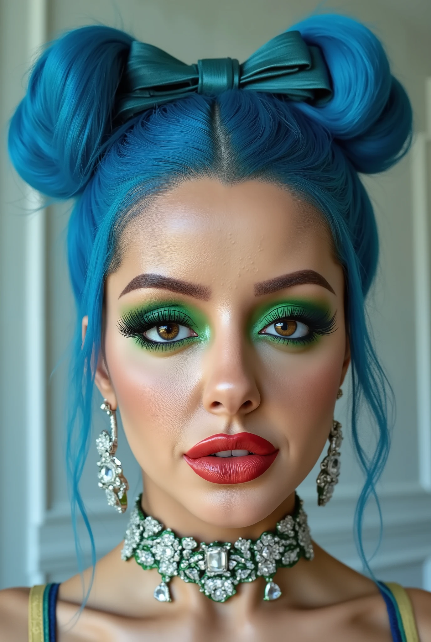 incredibly long and voluminous eyelash extensions, bright green makeup , blue hair , diamond earrings , collar, red lips, bow-shaped hair ,