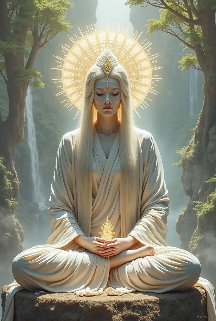 I wanted to create a beautiful Ananda message. Pure devine pale skin, green wearing, 8K