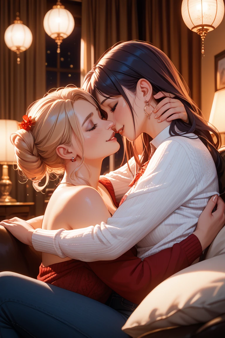 (((best quality))),masterpiece,ultra high resolution,(ultra high definition),(movie quality:1.3),(movie lighting),(low light environment:1.4),Female lovers kissing in the sky and the woman on the grass under the milky way at night, (SFW) Work, kissing together cutely, (((Girl Love Art))), OPPEIN, Side milk, Slightly saggy big breasts, small breasts, (((Very long wavy blonde hair))), (((Straight brown hair with side bangs))), (girl love kiss), The mouth is very detailed, (girl love hug), touch her hand, touch her clothes, touch her breasts, (((Hands touching her breasts))), sit on lap, Long hair fluttering in the wind, SFW version