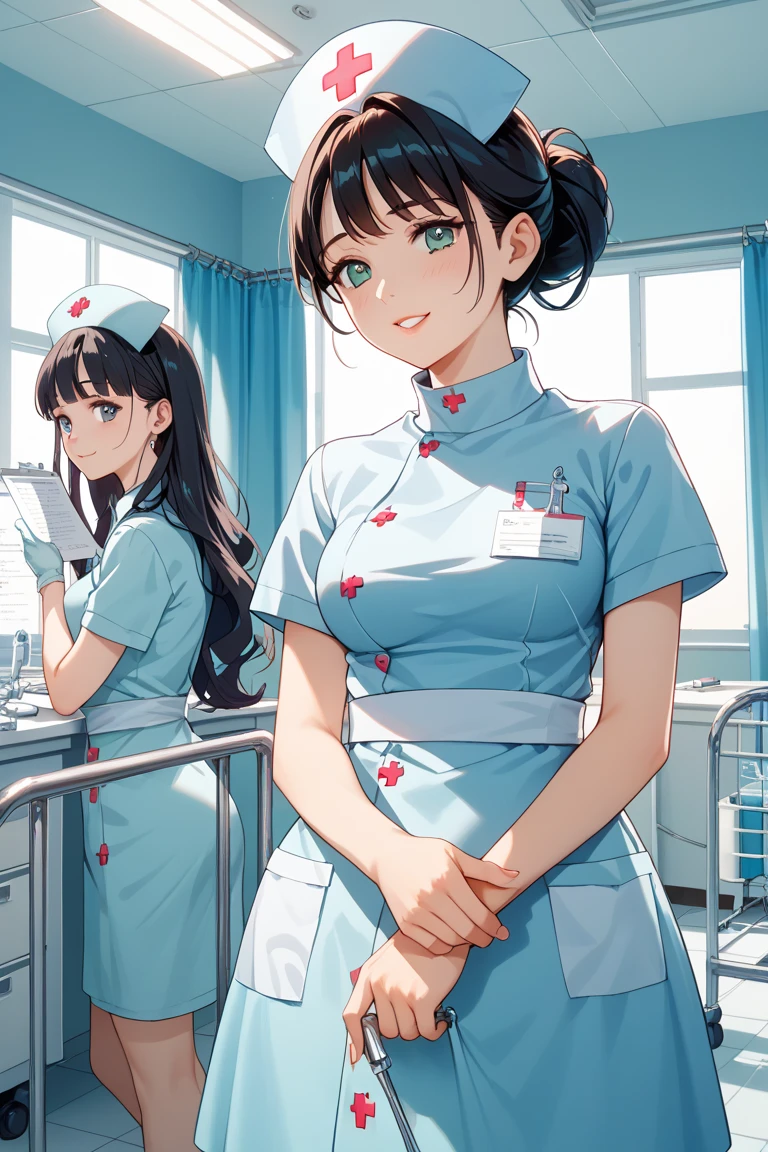 Girl1,Nurse, wearing white, ((nurse cap,white legs, Zetai Ryuki)), white gloves, standing, ((hospital room)), short sleeves,seductive smile,Eyes droop,Sharp outline,super detail,high quality,high details,best quality,1080P