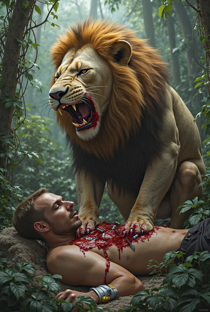 Make an average sized tiger devouring a brown-haired man, while from a tribune a long-haired brown-haired princess, he sees it with sadness. (A king and his kingdom are witnessing it too) (a little more blood)