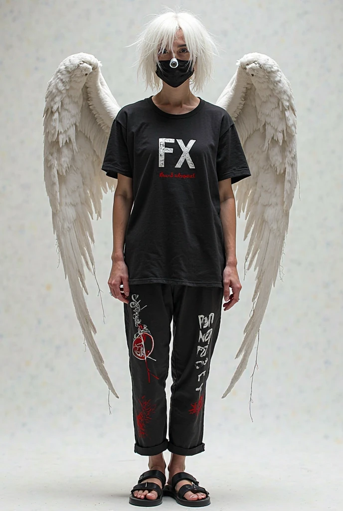A full body man, with short blonde hair, strong with tattoos on his chest, wearing glasses, with white angel wings, no shirt, just black pants