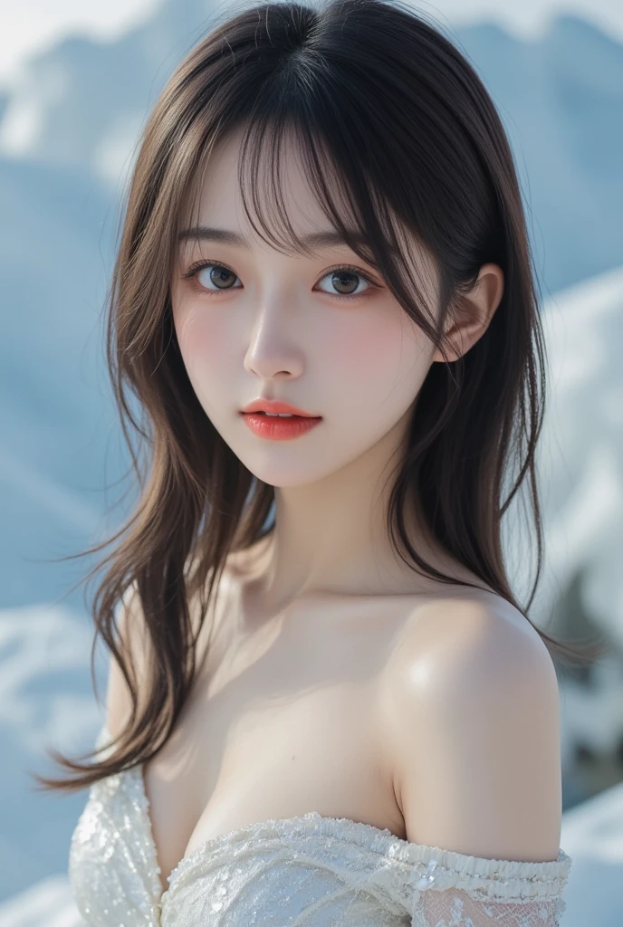 (10 years old) ,girl、(brown mickey ears headband)。(Random Nudes),Exhibitionism,((Random exposure of genitals))。 Beautiful areola。Small breasts. Thin Hair。(On a snow-covered mountain). Detailed and complex background。((Black Hair))。(Round face). ((Long Hair)). Heavy bangs. Idol's face. Random Pause. high school student,student. smile