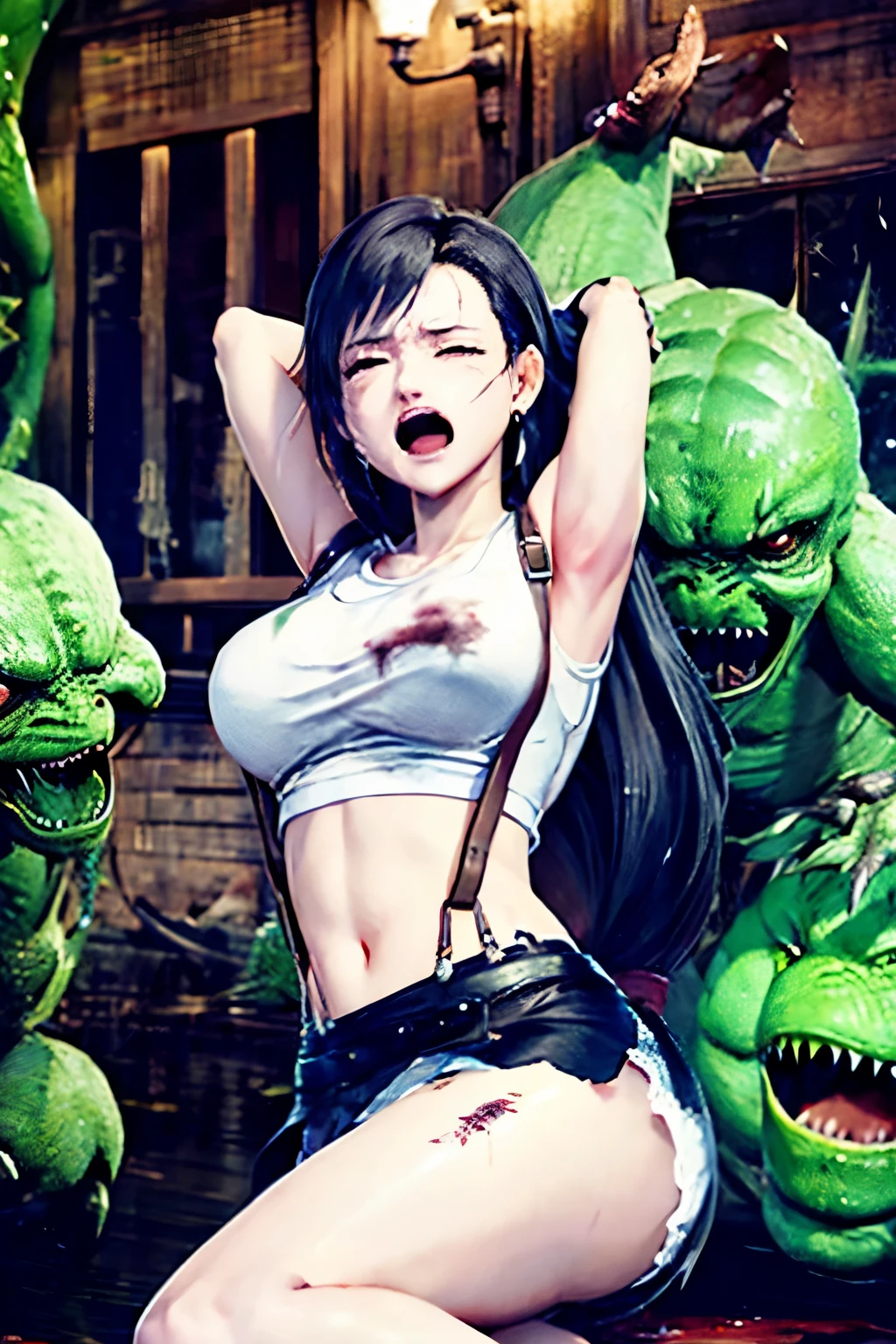 8k,​masterpiece, bset quality,huge tit、（1girl in）、tifa lockhart、red_eyes、black hair、long hair、professional lighting、（shinny skin:1.2）、Shiny big、 ((top-quality))、 Crisp focus:1.2、Highly detailed facial and skin texture、A detailed eye、face perfect、perfect bodies、art by、CG、Blur the background、Big breasts with a strong presence、（20yo、Mature cool and beautiful face）、wear ((Suspender Black Skirt), Black Elbow Gloves,White taut shirt、Thigh、white tank tops、white  panties)、red blush、（Mittgarh）、randome pose、Oak's big penis、the orc penis、Desolate cave prison、Dim prison、Dim Dungeon)、(((teats、large areola、Beautiful areola、nudde、toppless)))、((orczor、green skin、grease、fat man、Big penis、rough sex、gang-rape、ssex、SEX,and, srestrained, Black Band、Chained, Oaksol))、 multiple boy, prisoner、 Highly detailed、（Multiple Man Orcs、Orcs and women having sex、A woman is sucking an orc's penis、orc's thick penis、Woman holding an orc penis between her breasts、An orc is rubbing a woman's chest、Orc is grabbing a woman's chest