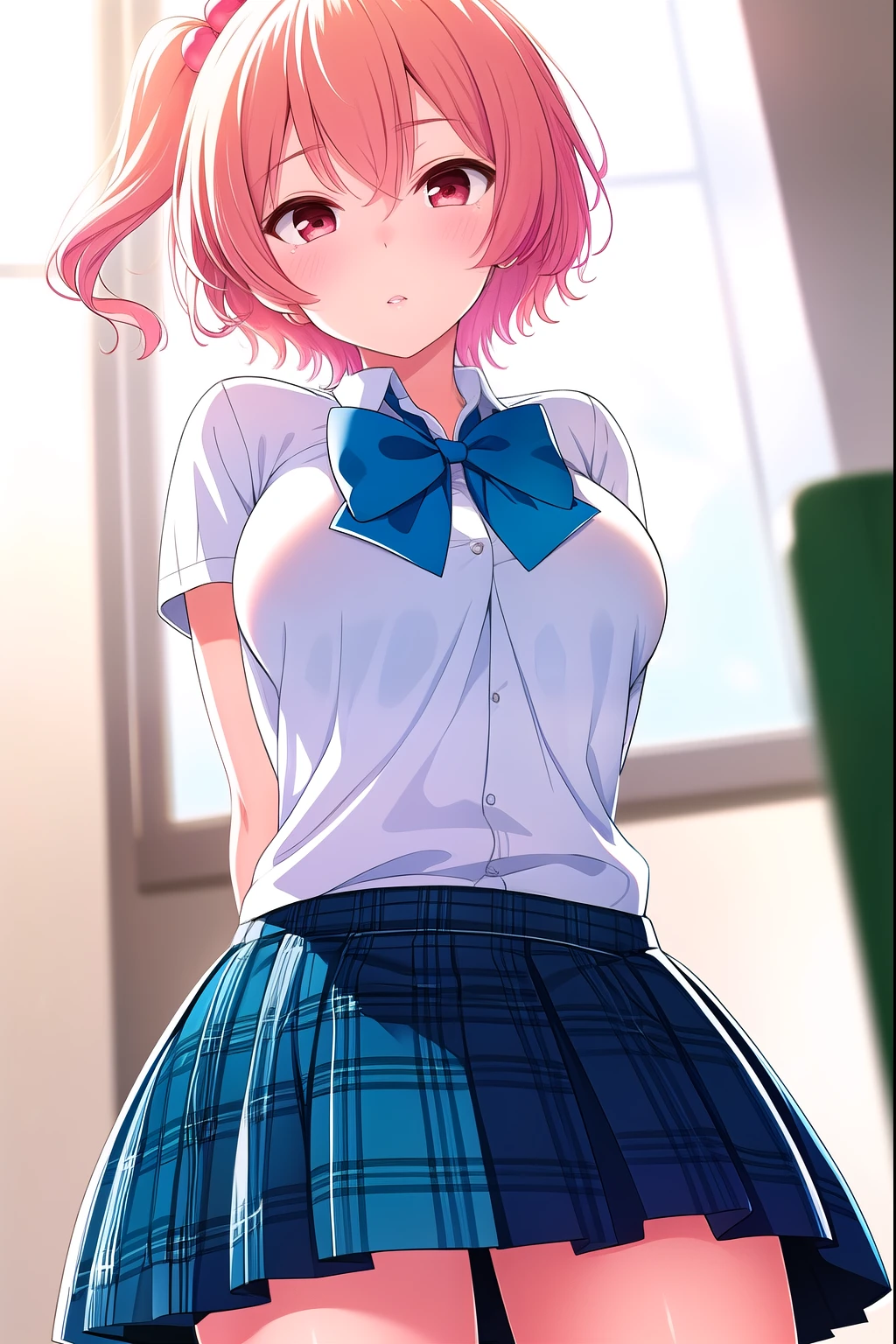 ( masterpiece, Best Quality), very detailed background, perfect lightingBest Quality, (close-up angle from below:1.6), (arms behind back:1.6), Tomura Michiru, Alone, one girl、indoors, SCHOOL CLASSROOM, orange hair, (One side up), ( pink hair bobble), hair between eyes, short hair, red eyes, medium boobs, (Blue Bowtie:1.3), white shirt, Short sleeve, blue skirt, plaid skirt、white thin thighs,、white knee socks, Glossy、 school uniform, in trouble、blush, pink lips,
