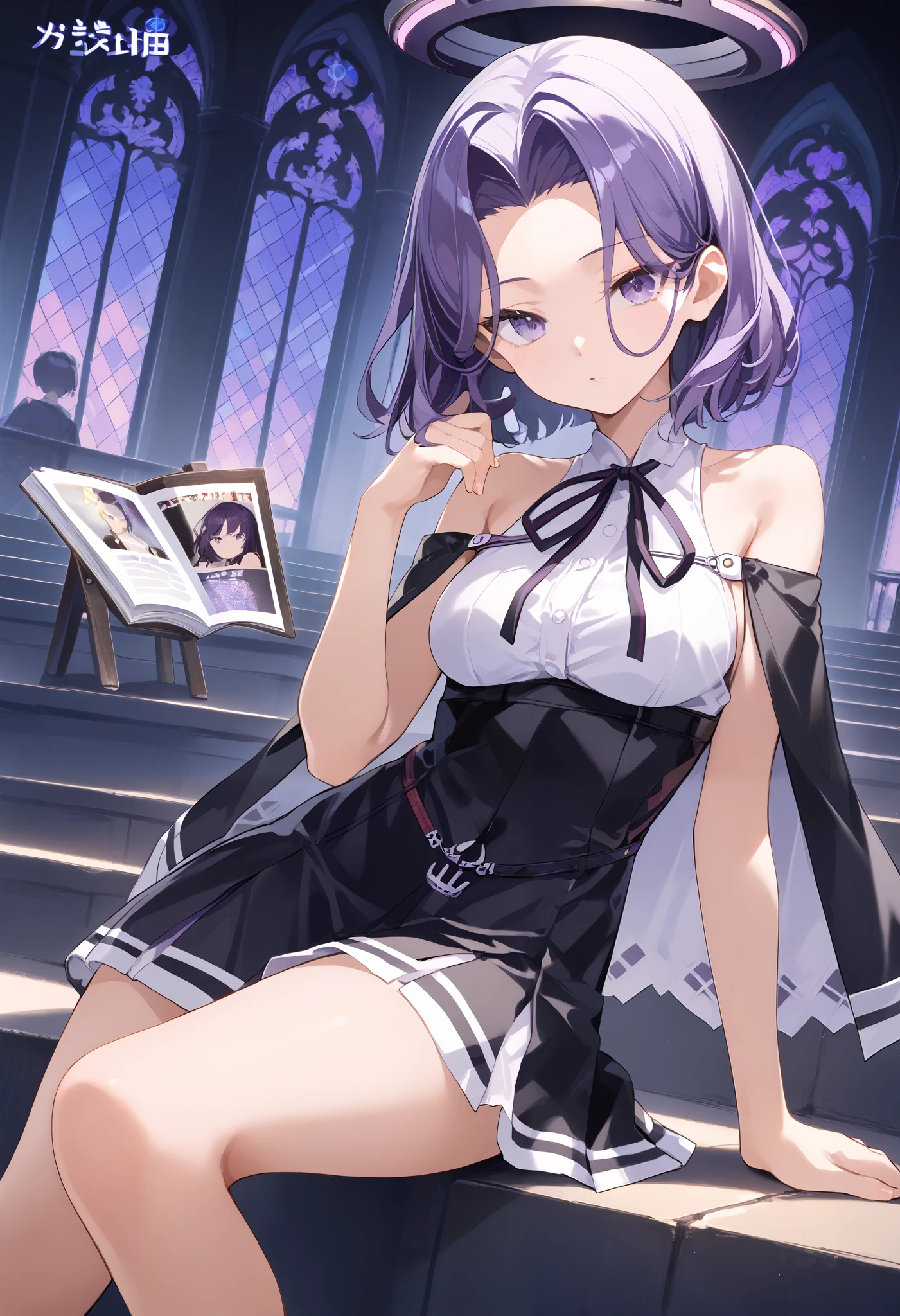 Ryuda Muji, tatsutakaini (kantai collection), score_9, score_8_up, score_7_up, score_6_up, source_anime, masterpiece, best quality, official art, official style, game cg, glasses magazine, rating_safe, rating_questionable, purple hair, halo, short hair, purple eyes, split bangs, , bare shoulders watching viewers, sleeveless, black dress, white shirt, black skirt, short dress , Bare legs, chest,