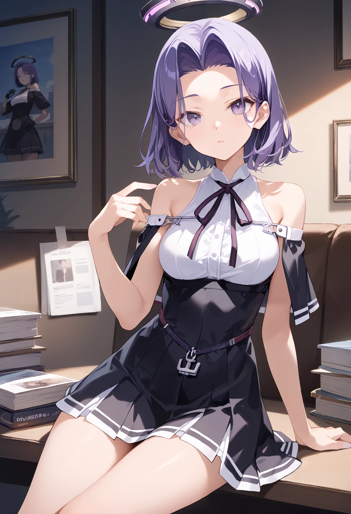Ryuda Muji, tatsutakaini (kantai collection), score_9, score_8_up, score_7_up, score_6_up, source_anime, masterpiece, best quality, official art, official style, game cg, glasses magazine, rating_safe, rating_questionable, purple hair, halo, short hair, purple eyes, split bangs, , bare shoulders watching viewers, sleeveless, black dress, white shirt, black skirt, short dress , Bare legs, chest,
