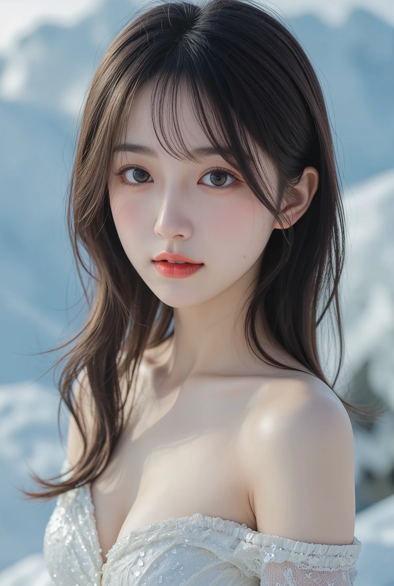 () ,girl、(brown mickey ears headband)。(Random Nudes),Exhibitionism,((Random exposure of genitals))。 Beautiful areola。Small breasts. Thin Hair。(On a snow-covered mountain). Detailed and complex background。((Black Hair))。(Round face). ((Long Hair)). Heavy bangs. Idol's face. Random Pause. high school student,student. smile