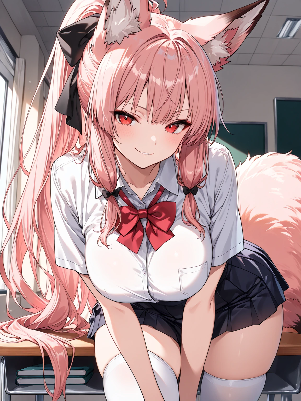 (Masterpiece) (High Detail) (High Res) a short petite humanoid girl with pale human skin, bright turquoise-coloured eyes, long pink hair in a braid and large fluffy pink dog ears and a big fluffy pink dog tail and average breasts is wearing school uniform and is sat on the teacher's desk, wearing white blouse, pleated skirt, white thigh-high socks. Pink Hair. Pink Tail.