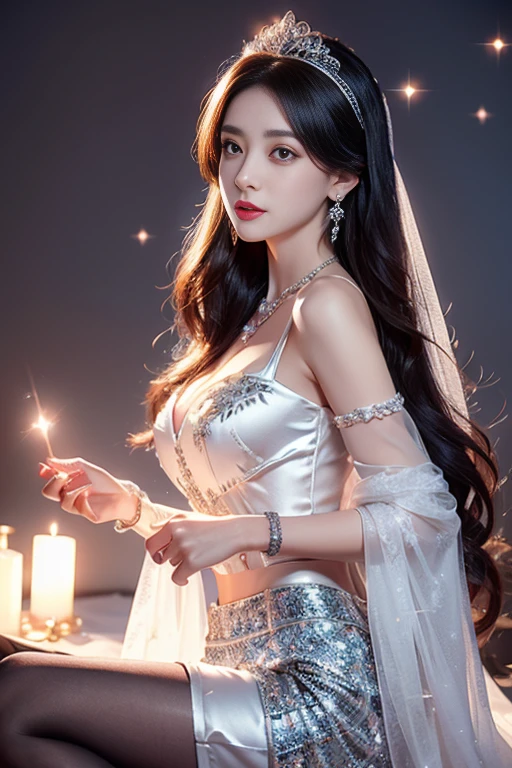 4K, UHD, masterpeice, 1 girl, good face, happy face, ((white skin)), detailed eyes, detailed lipstick, very long hair, straight hair, very long hair, beautiful hair, hair ornaments, hairband, gradient hair, ((black stocking)), ((princess clothing)), ((decorated clothing)), ((sardine)), ((sparkle clothing)), ((black lace)), ((diamond bracelet)), ((pendant)), ornaments, necklace, earring, high lighting, ((in the wedding stage)), fujicolor, depth of field, ray tracing, ultra realistic detailes,