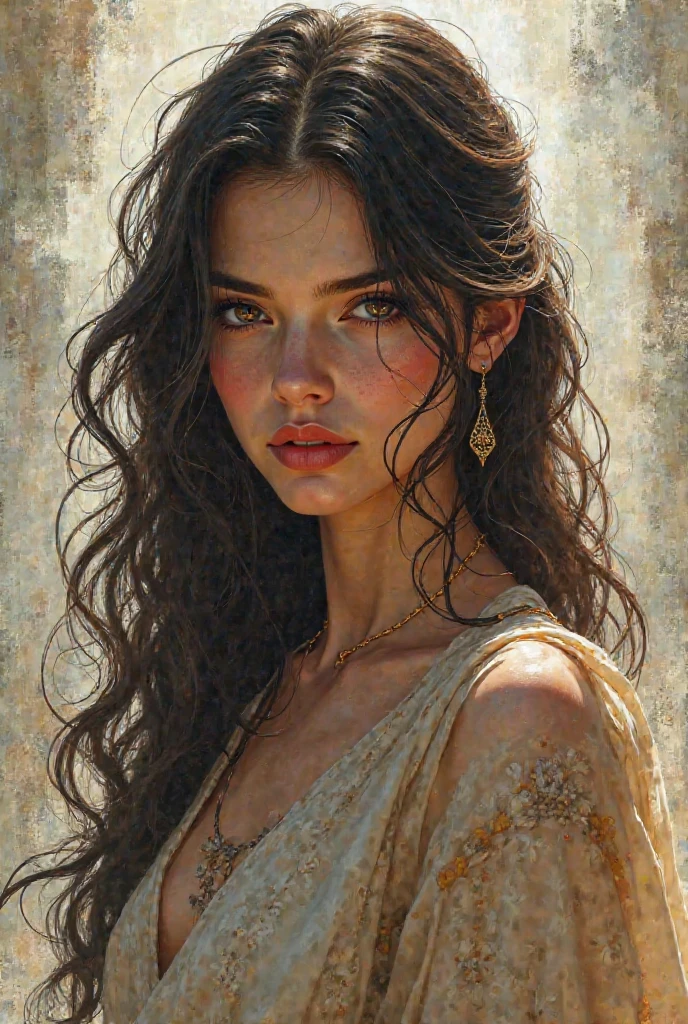A delicate oil painting depicting a naked Persian. Her elegant features are emphasizing her almond-shaped eyes and intricate, The drawing captures her poised posture, . Her long, flowing hair is styled in soft, elaborate waves,
