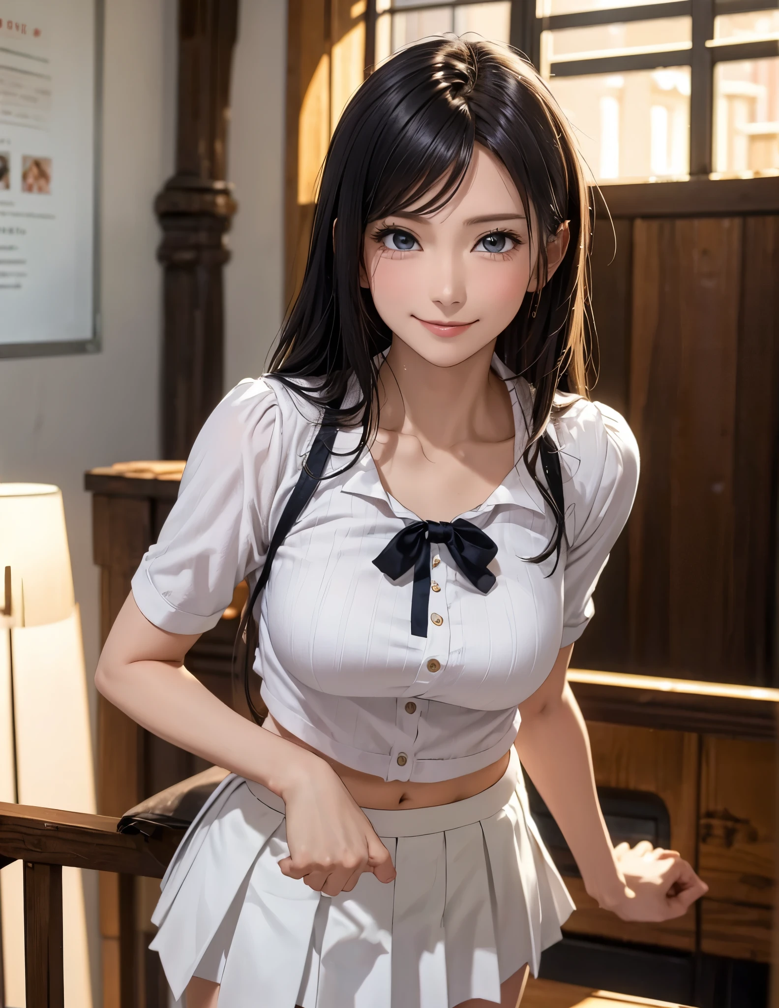 ((((highest quality)))), (((Ultra-precision CG 16K))), (((masterpiece))), (((Very detailed))), (((Extremely detailed))), (((Black outline:1.3, Written boundary depth:1.3 , Written soft outline))), Maximum clarity and sharpness,Multilayer Texture, Surface Shading, Cinematic lighting, Beautiful details sparkle ,Perfect Proportions, Limited to three woman, BREAK accurate, Anatomically correct, Highly detailed face and skin texture, drawn in detail, Highly detailed facial and skin texture, Detailed eyes, beautiful hair, Beautiful Japanese Idol face, Beautiful and beautiful eyes, Beautiful body, Beautiful breasts, Beautiful thighs, Beautiful legs, Beautiful fingers, (Beautiful views) , skinny body, ((Beautiful Skin)), ((Skin Texture)) , solo, limited one girl BREAK breast enlarged, medium Breasts, rocket breasts, (((perky breasts))), ((covered nipples)), slender waist, (smiling , narrow eyes, blush, determined expression, hot, sweaty , Heavy breathing,) BREAK (((wearing oversized character printed tank top, wearing Jersey in a casual way, wearing pleats mini-skirt, breasts is covered by outfit))) , wearing earrings, BREAK ((Leaning back in the chair:1.3) , Stretching-upwards:1.3, stick breast out),( a woman in the office room, serious, sit in an office chair, from side, from below, looking at display, bust up, cowboy shot), 