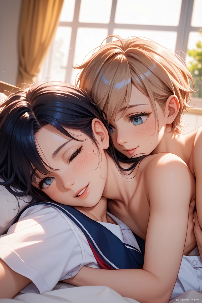 ((Top Quality, 8k, Masterpiece: 1.3)), girl and boy, sexy, Beautiful girl with accentuated slender abs: 1.4, ((short golden hair)),(golden eyes), (long black hair and blue eyes), Ultra detailed face, detailed eyes, double eyelids, Selfie, (body builder:0.8),(beautiful small nipple:1.5,on the bed,(shiny skin:1.2),(lie down:0.8),(gorgeous jewels:1.2), (boy kissing with his girlfriend :1.3),(hugging with her girlfriend:1.3),(naked girlfriend hagging from her behind:1.5),(satisfied face with eye closed:1.3),(naked:1.2),big round breasts, very erotic