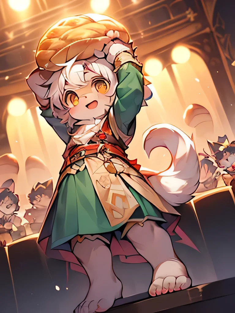 furry male cub boy, short-height squishy body, sacred innocent boy, albino white snow rabbit boy, waiting his partner, mini boy, open mouth, admirable and priseworthy boy, innocent naive boy, red eyes, best quality, masterpiece, ephemeral boy, looking at viewer with his teary eyes, polite boy, silver necklace, silver metal bracelet, silver metal anklet, large white belt, piercing, transparent veil for the bride, very small sacred pure white loincloth, very short height, cub baby boy, toddler boy, smiling, wedding, spreading arms, opening arms, teary eyes, joyful face, close-up, waiting to hug, tear, long transparent flowery veil, jumping into hug, jump hugging, arabian night, starry night sky, moonlight, looking up, from higher point of view, front trasparent veil, prince, from birds's point of view