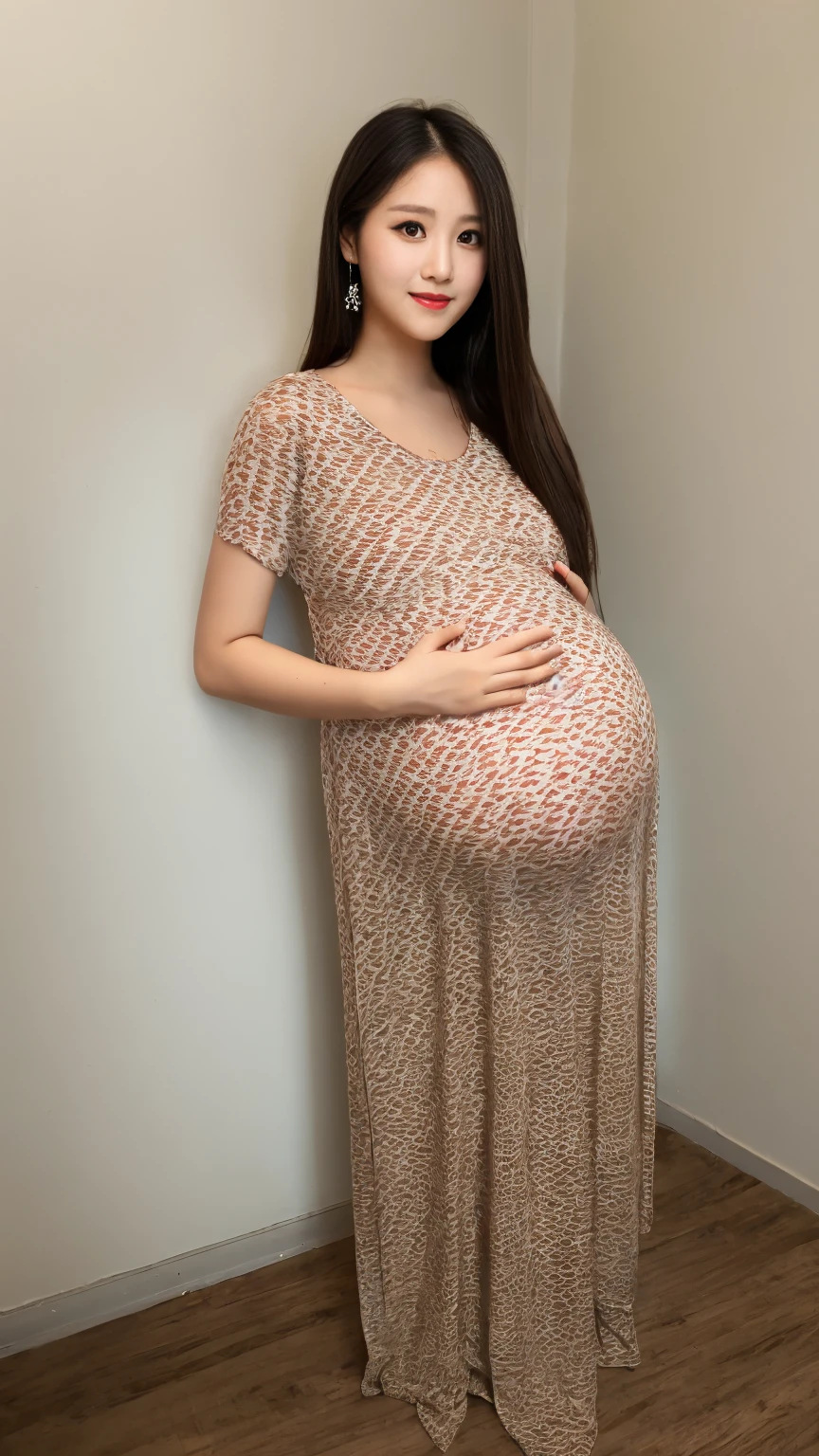 A pregnant woman，pregnant，The belly is very big， pregnant，pretty face，slim body，long hair，Wearing an off-shoulder pink transparent dress。