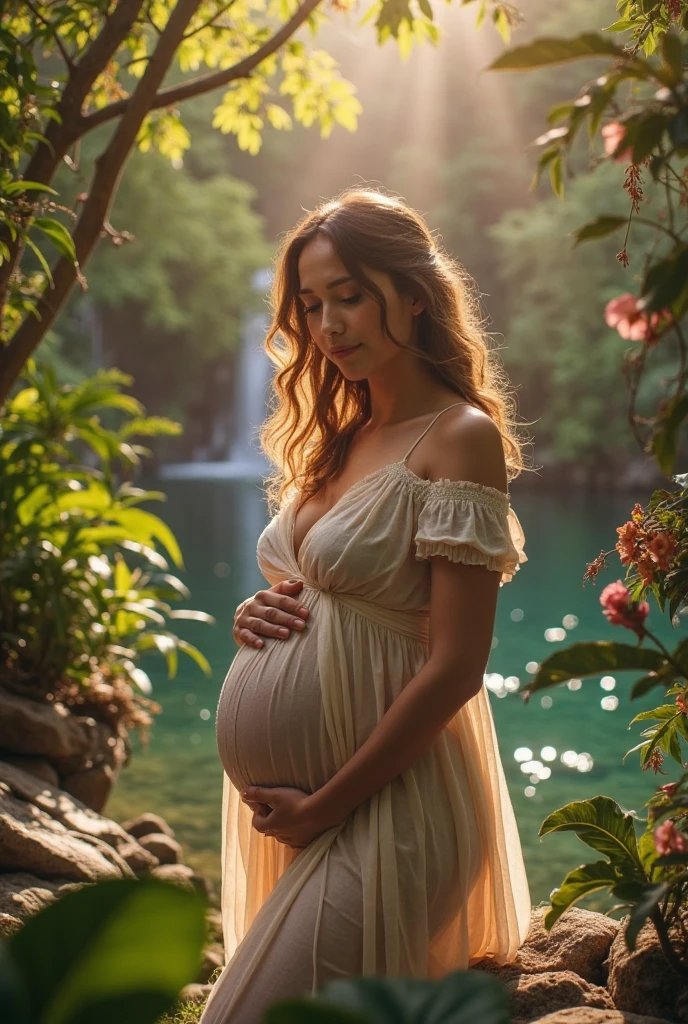 Pregnant woman in white dress standing under tree with sun shining through leaves, fotografia materna 4K, pregnant belly, pregnant, sentimento de maternidade, imagem retrato, gravidez, foto de uma bela, Amostra de foto de luz de fundo, foto de retrato, inspirado em Konstantin Somov, maternal, Foto tirada com Nikon D750, Foto tirada com Nikon D 7 5 0