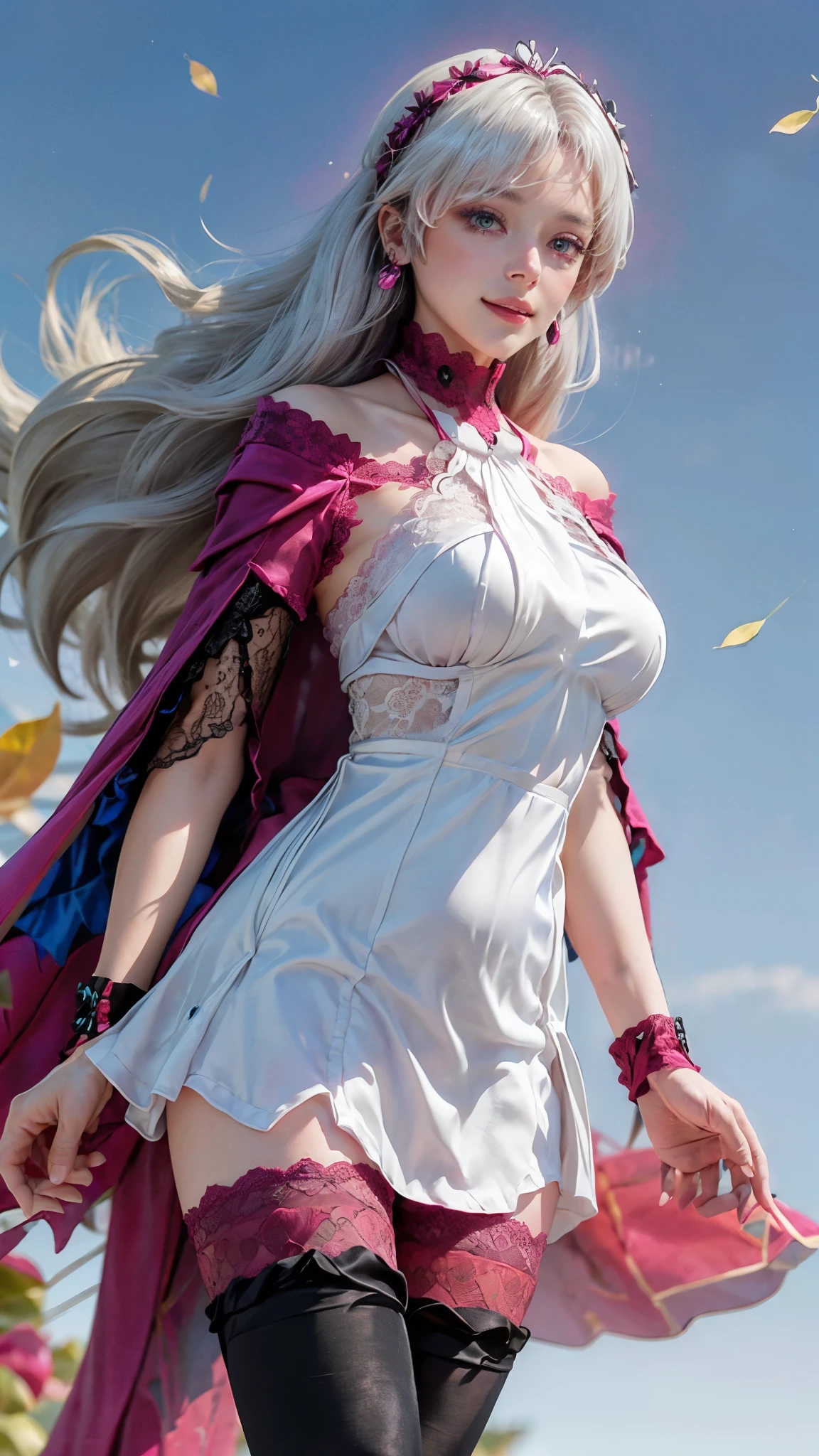 Landscape of a very beautiful 1girl, (white plain backdrop photo:1.8)!, (face exposed)!, (full body shot)!, (photo from the side:1.3)!, (front focus), (background Blurry), Bokeh, lens flare, photography with Fujifilm XT3, depth of field, film grain, female focus, BREAK, Carlotta/(Wuthering Waves/), anime style, (light novel cover:1.8)!, ((blue leaves fall:1.8))!!, ((A Single Hand Grasps for the fluttering blue leaves:1.7))!!, (looks at the audience with beautiful blue eyes iris like sapphire)!, Ultra detailed eyes, (Beautiful light blue pupil's eye's like sapphire:1.4)!, Stars in her fixed eyes, (homochromatic eyes)!, (warm smile:1.4)!, long sleevemouth, (thin fresh peach lips)!, (Blush face)!, Perfect nose, Cute little nose, beatiful face, Face Clean, realistic Skin, hyper realistic, Perfect eyebrow appear through Light white hair, (long Light white hair himecut pony)!, (long straight smooth light white hair)!, (Big Magenta Hairtie:1.3)!, (magenta hair band:1.3)!, earrings ((dynamic composition)), BREAK, detached sleeves, (covered shoulders with magenta cape collar:1.7)!, (covered upper arm with magenta sleeves:1.7)!, /(((wear original costume of Carlotta Montelli from wuthering waves)))!!!, ((wear white mini halter neck dress:1.8))!!!, voluptuous, (((Magenta Cape Collar with sleeves:1.7)))!!!, (((wide brimmed magenta hand sleeves:1.7)))!!!, (magenta hairband:1.6)!, (black gloves:1.6)!!!, plump breasts, ((plump breast covered with white silk))!!, armpit, (((magenta overskirt)))!!!, Slim Legs, open smooth thigh, black garter stocking, (((black stretch lace top silky stocking:1.5)))!!!, black highheels with magenta hairbow, vivid color clothes, detailed realistic clothes, BREAK, Best Quality, Masterpiece, hight resolution, Full HD, CG 8K, perfect photo, dramatic lighting, ((Realistic fantasy art))!!, award winning, High Details, sharp-focus, ((white plain backdrop photo)), dynamic composition, breathtaking rendering, strong color, deep shadow