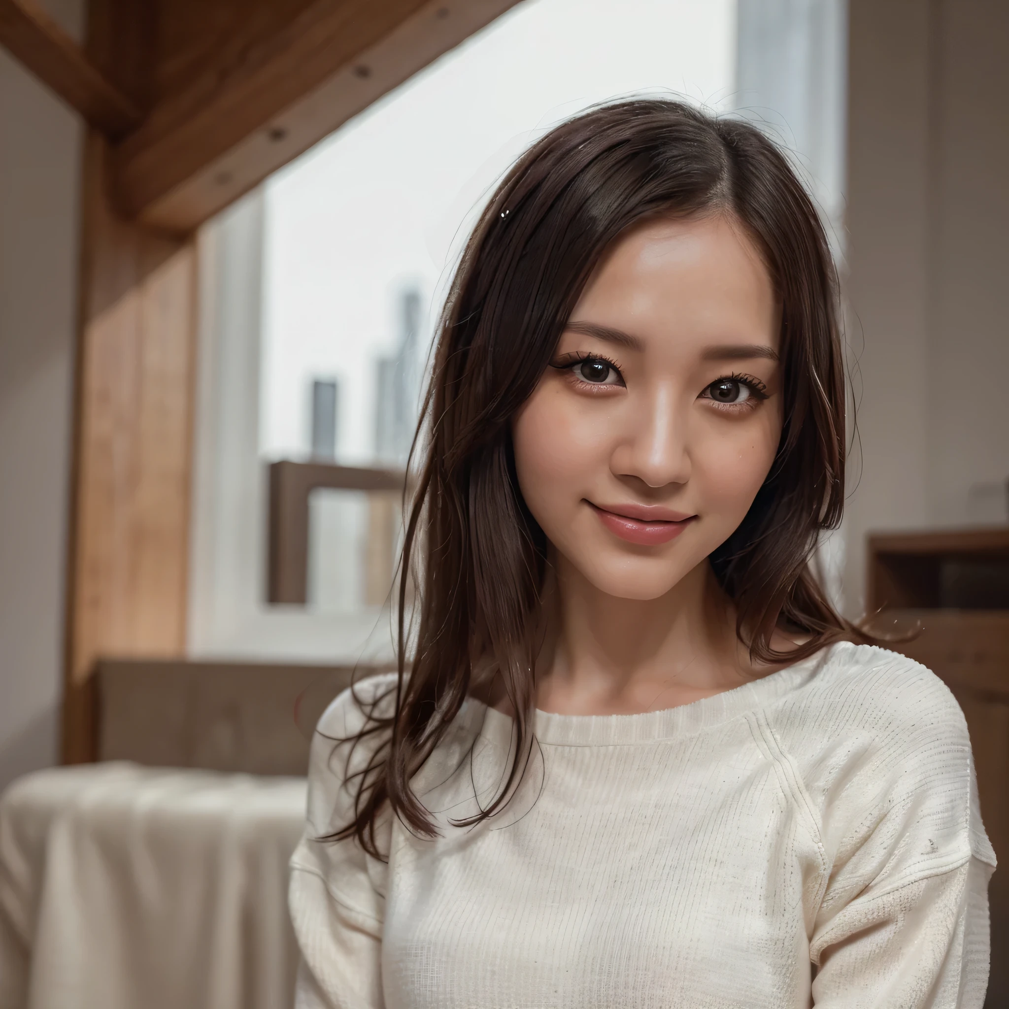 1 girl, masterpiece, black hair, long hair, smiles, simple background, white sweater, Japanese Female
