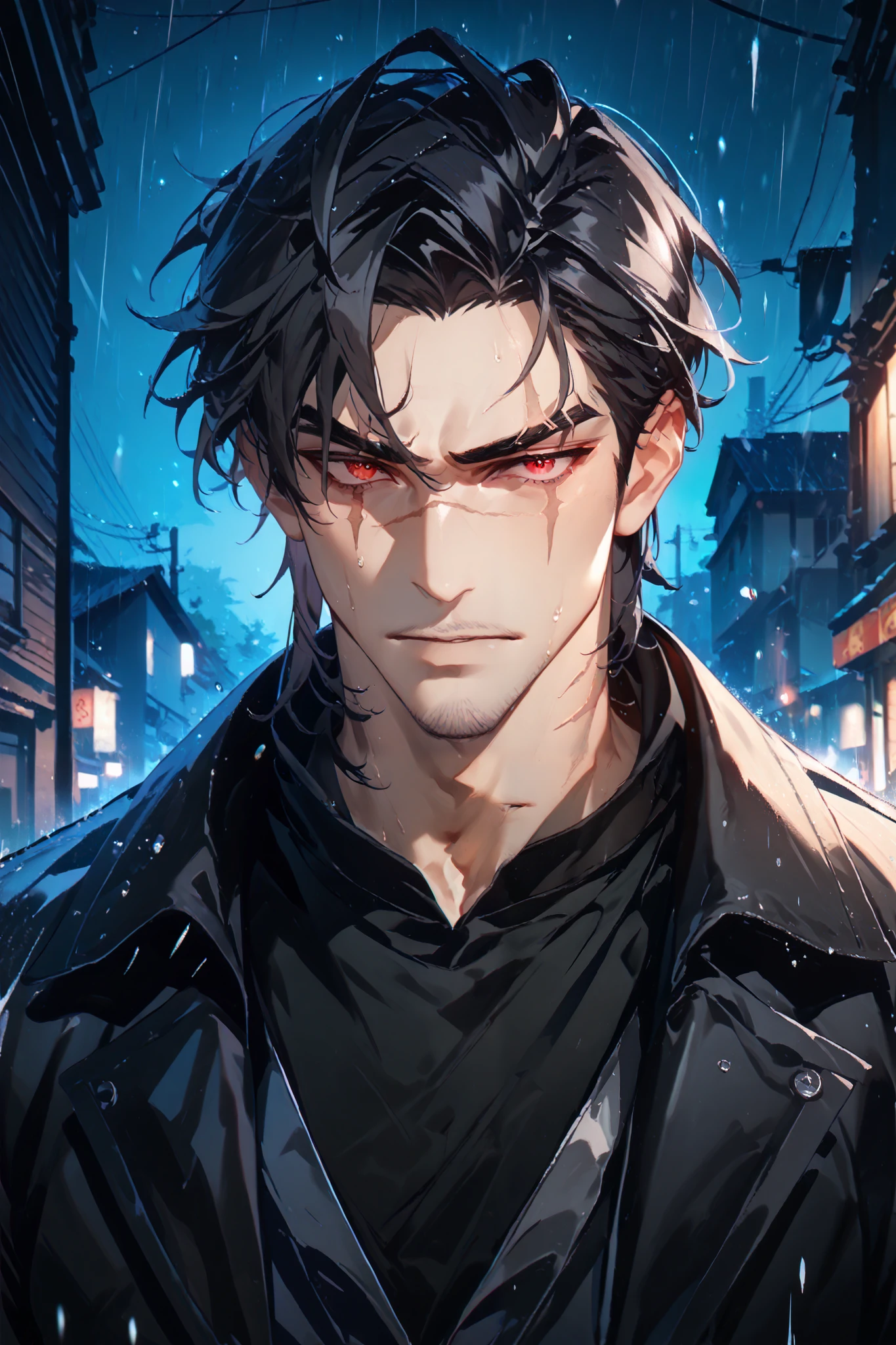 portrait, solo, 1boy, heterochromia (dark orange eye+red eye) ((Eyes with high detail, no defects, pupils of equal size)), scared face, big eye scar, scar on lip, scar on neck, scar on cheek, scar on forehead, mafia, cold gaze, brutal, strong, manly, athletic, black hair, short hair, spicy hair, mature, daddy, beard, stubble, black raincoat, black shirt, black gloves, dark alley, mess, night, storm, rain, outdoors, particles, fractal, best quality, 8k, highres, masterpiece, ultra-detailed, dramatic lighting