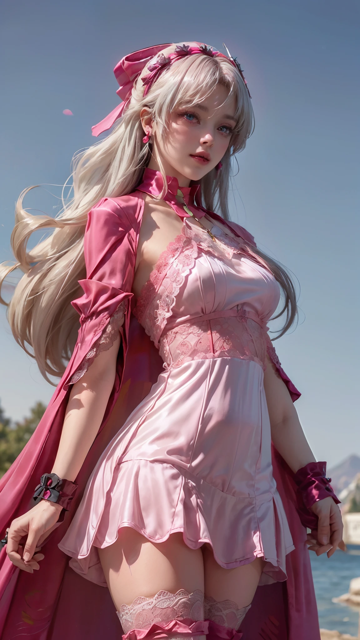 Landscape of a very beautiful 1girl, (white plain backdrop photo)!, (face exposed)!, (cowboy shot)!, (photo from the side:1.3)!, (front focus), (background Blurry), Bokeh, lens flare, photography with Fujifilm XT3, depth of field, film grain, female focus, BREAK, Carlotta Montelli/(Wuthering Waves/), anime style, (light novel cover)!, (light throught from top)!, ((blue leaves mapple fall:1.3))!!, ((A Single Hand Grasps for the flutteringbblue leaves:1.4))!!, (looks at the audience with beautiful blue eyes iris like sapphire)!, Ultra detailed eyes, (Beautiful light blue pupil's eye's like sapphire:1.4)!, Stars in her fixed eyes, (homochromatic eyes)!, (warm smile:1.4)!, long sleevemouth, (thin fresh peach lips)!, (Blush face)!, Perfect nose, Cute little nose, beatiful face, Face Clean, realistic Skin, hyper realistic, Perfect eyebrow appear through Light white hair, (long Light white hair himecut pony)!, (long straight smooth light white hair)!, (Big Magenta Hairtie:1.3)!, (magenta hair band:1.3)!, earrings ((dynamic composition)), BREAK, detached sleeves, (covered shoulders with magenta cape collar:1.7)!, (covered upper arm with magenta sleeves:1.7)!, /(((wear original costume of Carlotta Montelli from wuthering waves)))!!!, ((wear white mini halter neck dress:1.8))!!!, voluptuous, (((Magenta Cape Collar with sleeves:1.7)))!!!, (((wide brimmed magenta hand sleeves:1.7)))!!!, (magenta hairband:1.6)!, (black gloves:1.6)!!!, plump breasts, ((plump breast covered with white silk))!!, armpit, (((magenta overskirt)))!!!, Slim Legs, open smooth thigh, black garter stocking, (((pink stretch lace top silky stocking:1.5)))!!!, black highheels with magenta hairbow, vivid color clothes, detailed realistic clothes, BREAK, Best Quality, Masterpiece, hight resolution, Full HD, CG 8K, perfect photo, dramatic lighting, ((Realistic fantasy art))!!, award winning, High Details, sharp-focus, ((white plain backdrop photo)), dynamic composition, breathtaking rendering, strong color