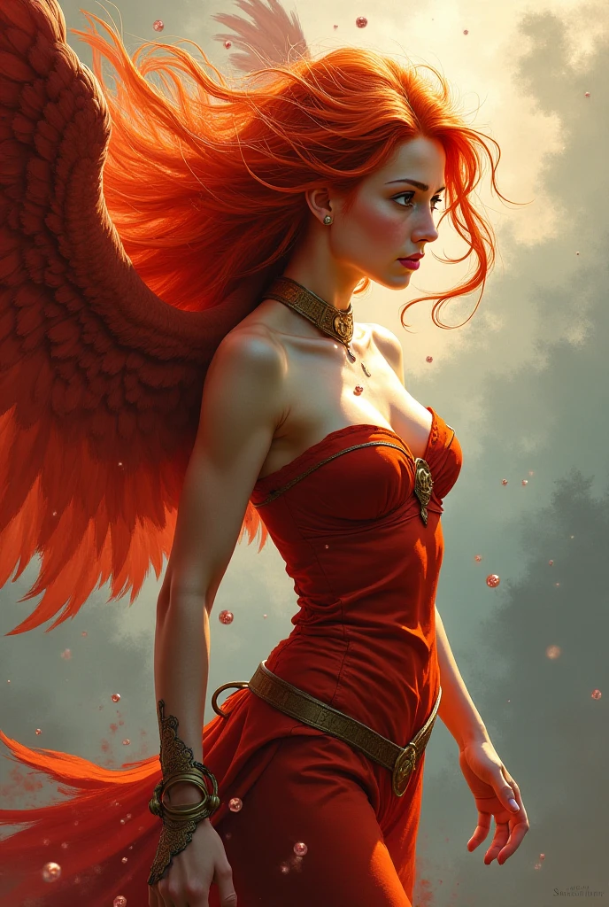 Una mujer albina con alas de angel color rojo