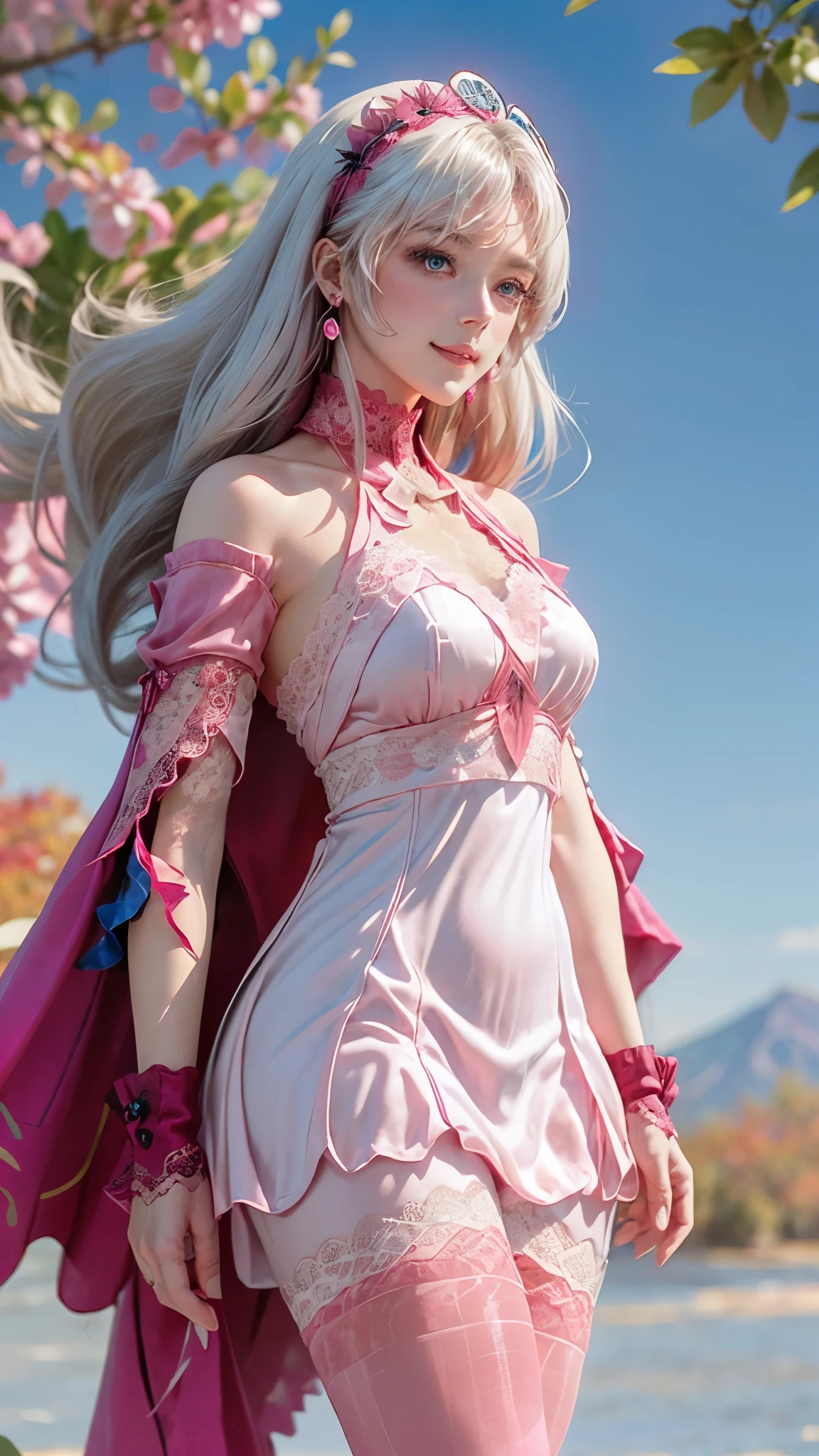 Landscape of a very beautiful 1girl, (white plain backdrop photo:1.8)!, (face exposed)!, (full body shot)!, (photo from the side:1.3)!, (front focus), (background Blurry), Bokeh, lens flare, photography with Fujifilm XT3, depth of field, film grain, female focus, BREAK, Carlotta/(Wuthering Waves/), anime style, (light novel cover:1.8)!, ((blue leaves fall:1.8))!!, ((A Single Hand Grasps for the fluttering blue leaves:1.7))!!, (looks at the audience with beautiful blue eyes iris like sapphire)!, Ultra detailed eyes, (Beautiful light blue pupil's eye's like sapphire:1.4)!, Stars in her fixed eyes, (homochromatic eyes)!, (warm smile:1.4)!, long sleevemouth, (thin fresh peach lips)!, (Blush face)!, Perfect nose, Cute little nose, beatiful face, Face Clean, realistic Skin, hyper realistic, Perfect eyebrow appear through Light white hair, (long Light white hair himecut pony)!, (long straight smooth light white hair)!, (Big Magenta Hairtie:1.3)!, (magenta hair band:1.3)!, earrings ((dynamic composition)), BREAK, detached sleeves, (covered shoulders with magenta cape collar:1.7)!, (covered upper arm with magenta sleeves:1.7)!, /(((wear original costume of Carlotta Montelli from wuthering waves)))!!!, ((wear white mini halter neck dress:1.8))!!!, voluptuous, (((Magenta Cape Collar with sleeves:1.7)))!!!, (((wide brimmed magenta hand sleeves:1.7)))!!!, (magenta hairband:1.6)!, (black gloves:1.6)!!!, plump breasts, ((plump breast covered with white silk))!!, armpit, (((magenta overskirt)))!!!, Slim Legs, open smooth thigh, black garter stocking, (((pink stretch lace top silky stocking:1.5)))!!!, black highheels with magenta hairbow, vivid color clothes, detailed realistic clothes, BREAK, Best Quality, Masterpiece, hight resolution, Full HD, CG 8K, perfect photo, dramatic lighting, ((Realistic fantasy art))!!, award winning, High Details, sharp-focus, ((white plain backdrop photo)), dynamic composition, breathtaking rendering, strong color, deep shadow
