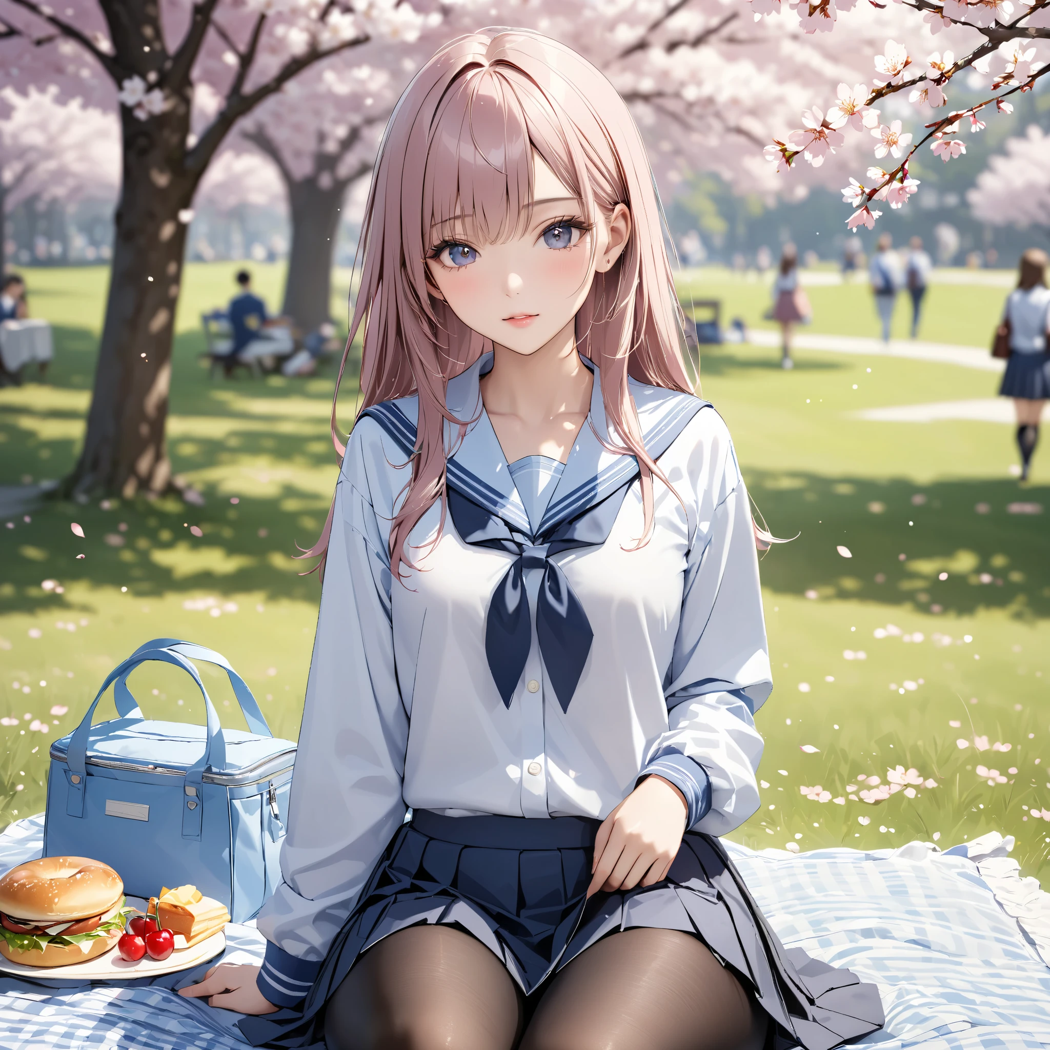 high school , School uniform、BLACK tights、Cherry Blossom Viewing、cherry blossoms、lunch time、 picnic、masterpiece:1.5, masterpiece, 最high quality, Ultra High Resolution, retina, masterpiece, accurate, anatomically accurate, textured skin, Super Detail, high details, high quality, 最high quality, High Resolution Icon , 8k、最high quality, 8k, 32K, flat chest