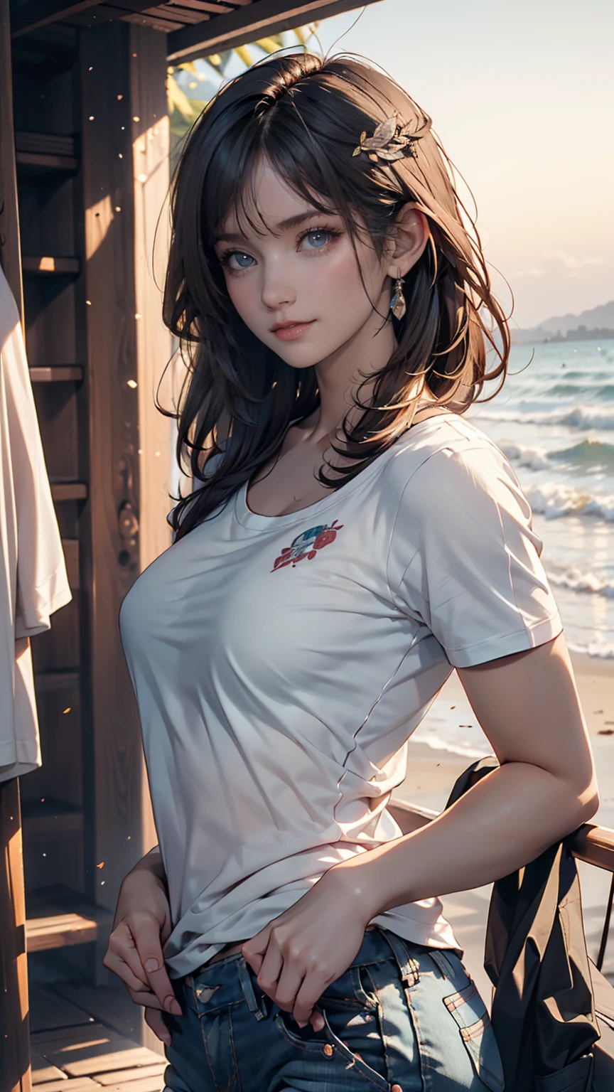 (8k, RAW photograph, Highest quality, masterpiece:1.3),(Genuine,photograph:1.37),(Looking at the audience:1.331),(Black Hair),Pause,Beachfront,Morning view,sunrise,sunny,One girl,Very beautiful face,small,Hands down,Pony Hairstyle,Hair weight,Fluffy hair,Shoulder length,Straight hair,Random representation,Smile with the corners of your mouth,Big eyes,(T-Shirts,Round Collar,Short sleeve,Opaque color,Shirt color),(Wear pants),Mix 4,Hair accessories are not permitted,Highest quality Hair