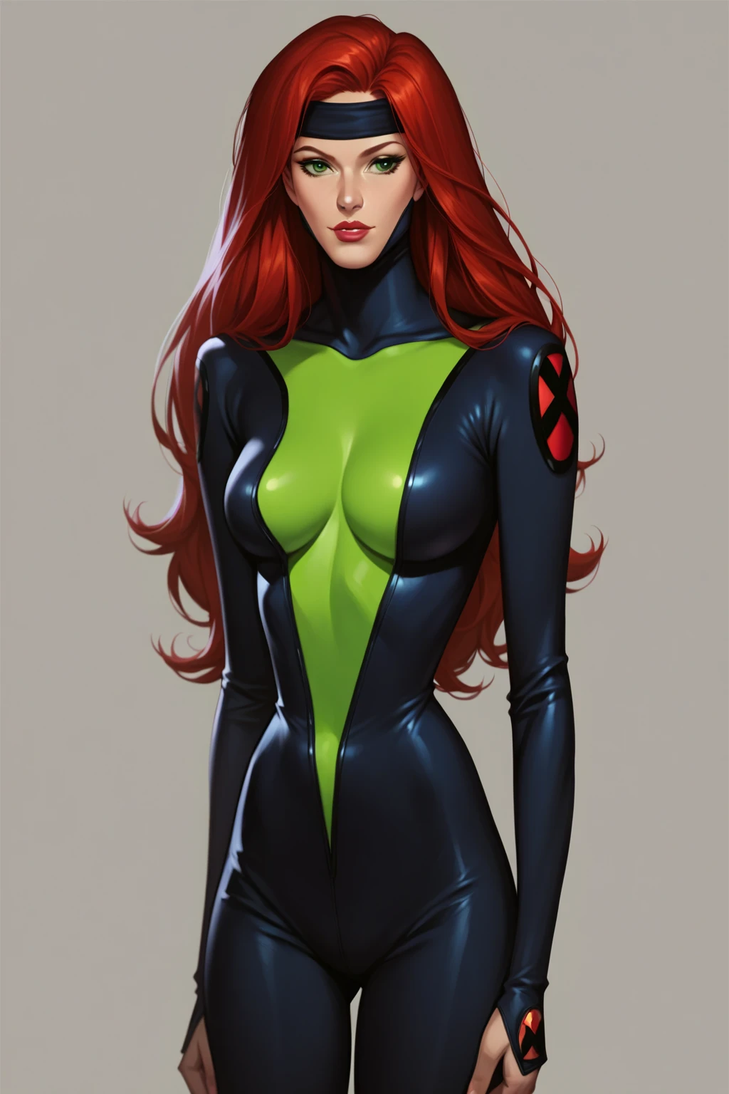 <lora:Gamora-10:0.5>,gamora,1girl,solo,black hair with red highlights BREAK
(yellow makeup, yellow mascara, yellow eye shadow:1.2) BREAK
(green skin:1.3) BREAK
(green bodysuit:1.1),deep revealing cleavage,deep plunging neckline,(green thighhighs:1.1),navel BREAK
revealed cleavage,exposed large breasts,(covered nipples:1.1) BREAK
(ambient lighting:1.1)(ultra realistic,32k,RAW photo:1.1),(high detailed skin:1.1),8k uhd,dslr BREAK
high quality,film grain,(shiny glossy translucent clothing:1.1) BREAK
looking at viewer seductively,full shot,simple background,insanely detailed,best quality,masterpiece,(photorealistic:1.4),