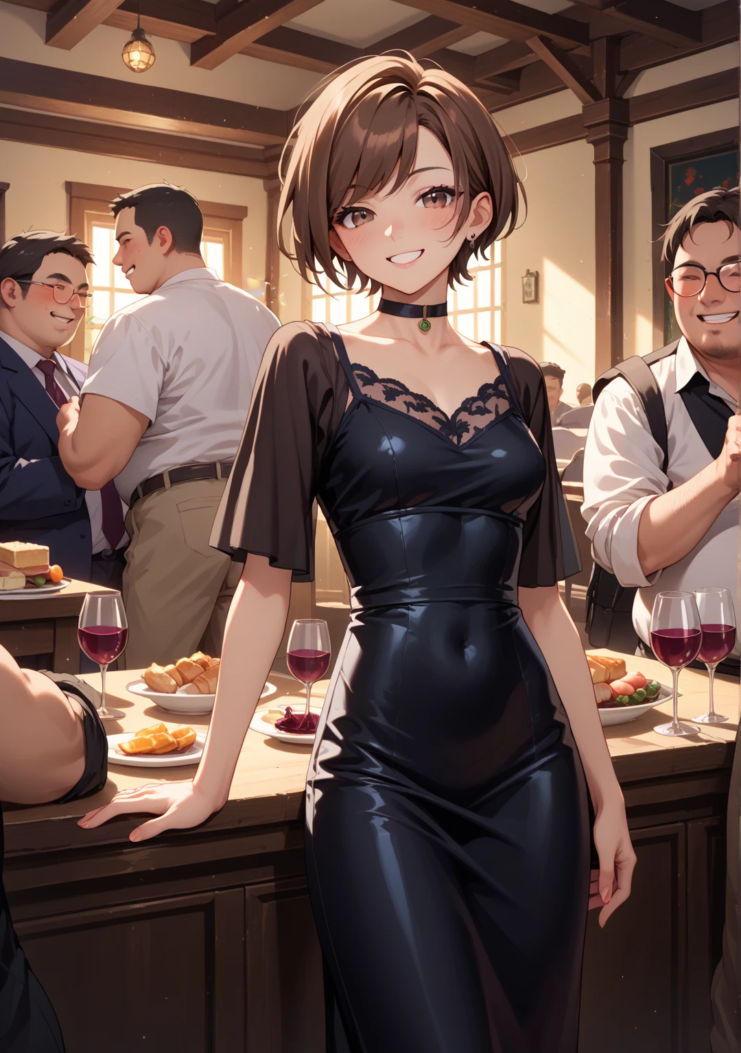 (((Beautiful woman taking off her underwear))), in a restaurant, man looking at her excited