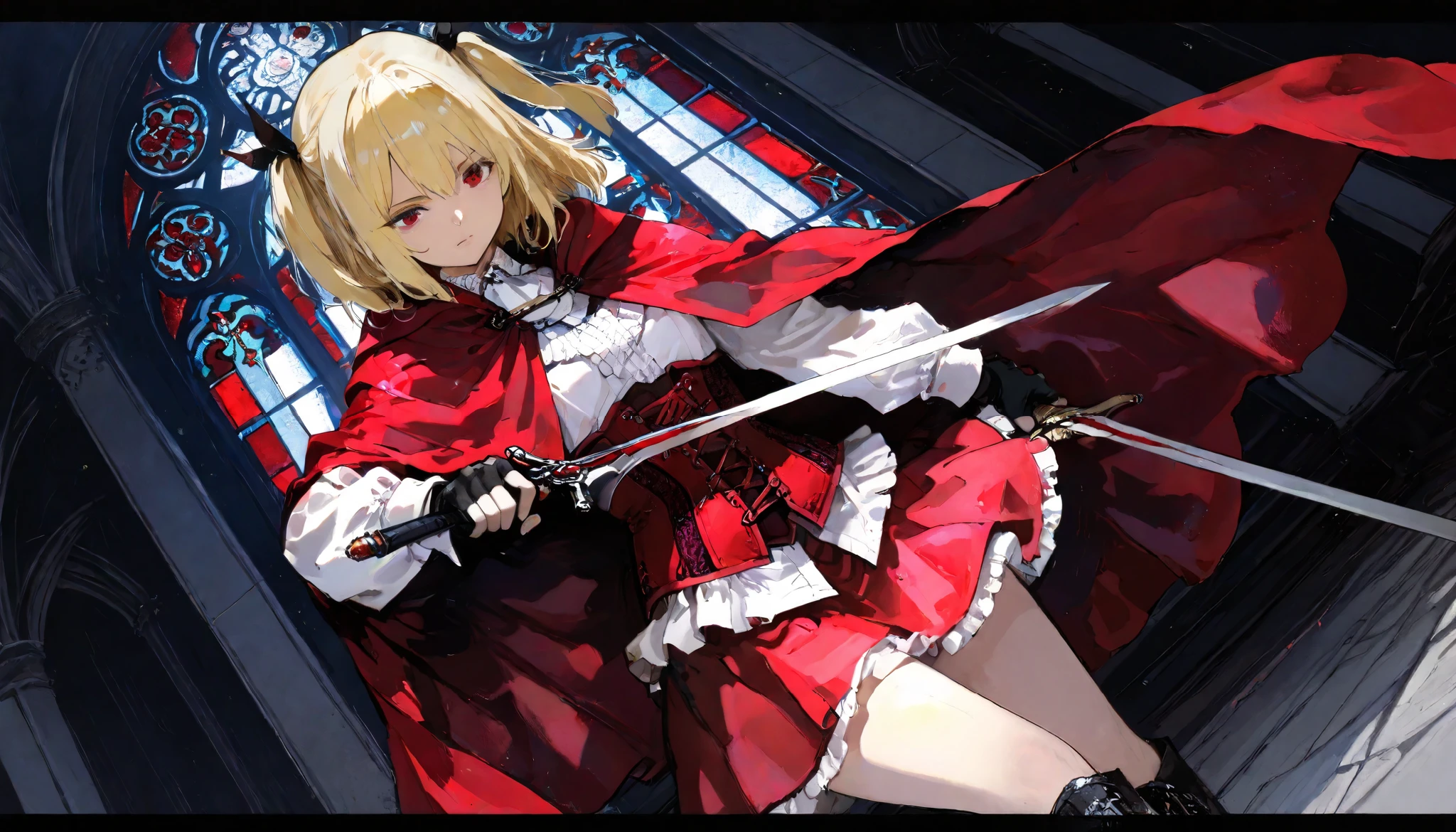 (best quality, highest quality:1.2), masterpiece, top quality, ultra high definition, rich contrasts, HD,8k, High Definition CG Unit Wallpaper, texture , Unbelievably Absurd, ultra high definition, RAW photos ,Deep border 1 .2, very detailed, action of a soldier wielding,
1girl, solo, cowboy shot, white shirts, red long cape cloak, red corset, frills red skirt, black fingerless gloves, knee boots, blonde, two side up, red eye, holding a sword,
Anime Girls, dutch angle, Gloomy painting style, dark church, stained glass,