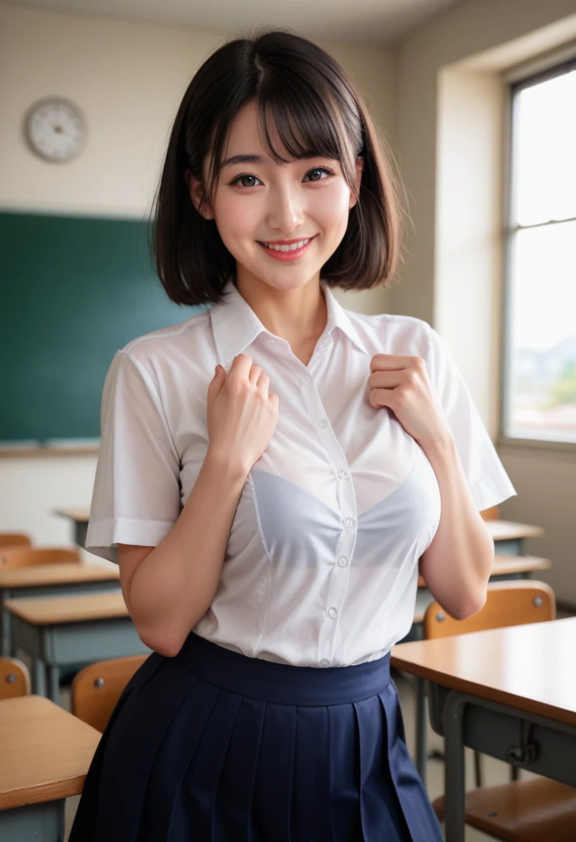 masterpiece,highest quality,(Seductive saleswoman:1),(whole body:1.3),(smile:1.5),Hyper detail on skin,Cleans pores,Perfect Face,Looks great,(Detailed facial features),Clean and nice face,(Big Breasts:1.5),(Slender),(Narrow waist:1.3),(Beautiful and thin legs),(A group of elementary school girls wearing very short plaid skirts:1.5),(She is wearing a very tight, see-through shirt that barely covers her breasts.)