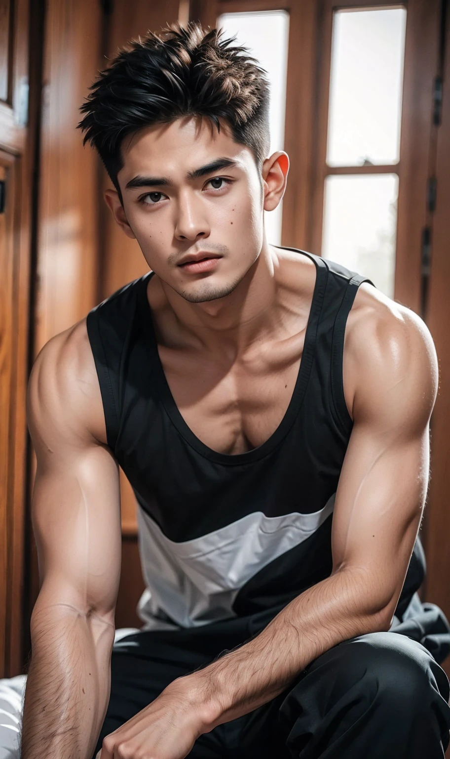 masterpiece, (Handsome boy), Thick arms, gray eyes, alone, (huge pecs), abdominal muscles, shorts, (sleeveless black shirt), in bedroom, rainbow 5, dark skinned male