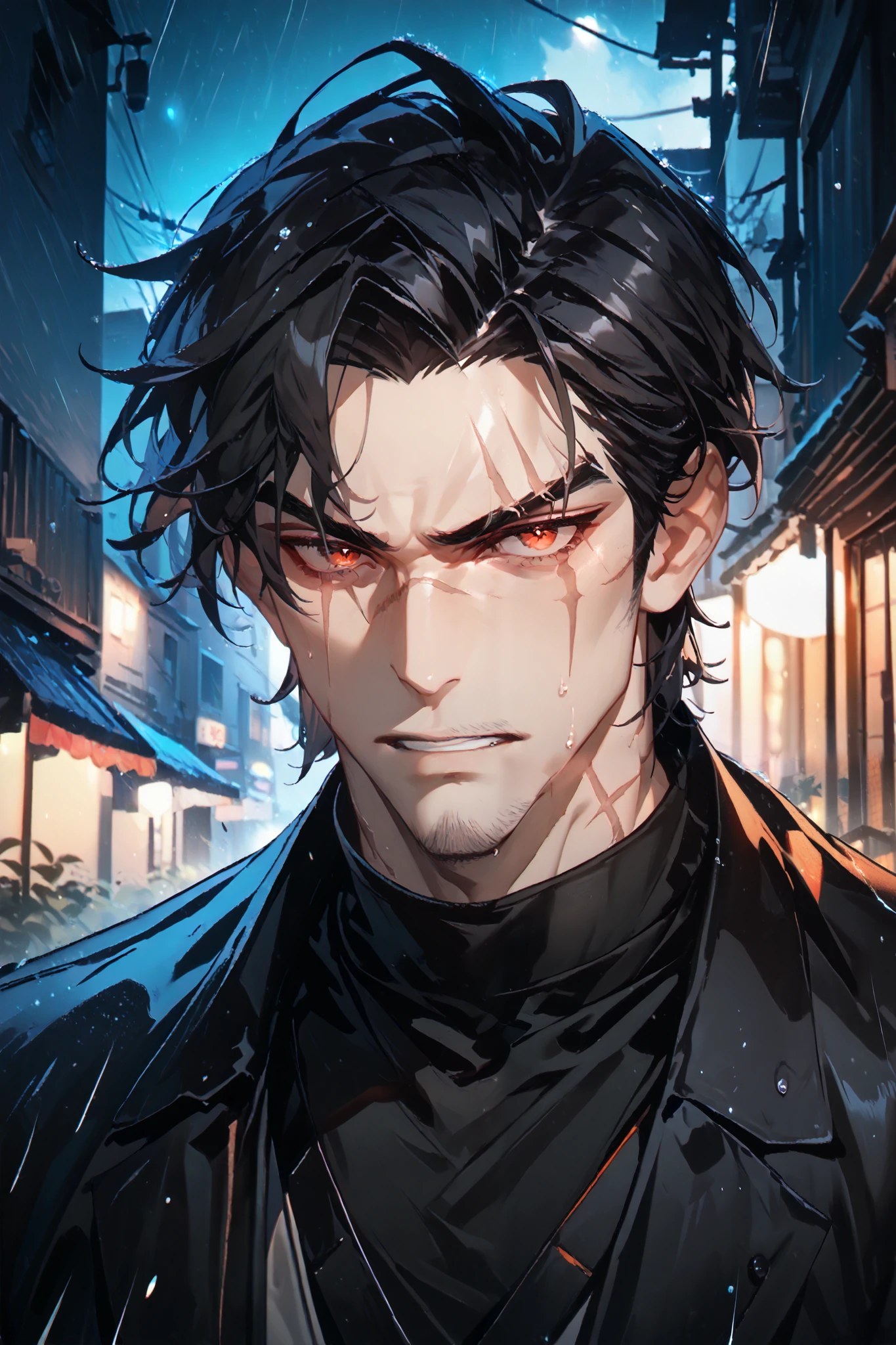 portrait, solo, 1boy, dark orange eye+red eye ((Eyes with high detail, no defects, pupils of equal size)), scared face, big eye scar, scar on lip, scar on neck, scar on cheek, scar on forehead, mafia, cold gaze, brutal, strong, manly, athletic, black hair, short hair, spicy hair, mature, daddy, beard, stubble, black raincoat, black shirt, black gloves, dark alley, mess, night, storm, rain, outdoors, particles, fractal, best quality, 8k, highres, masterpiece, ultra-detailed, dramatic lighting