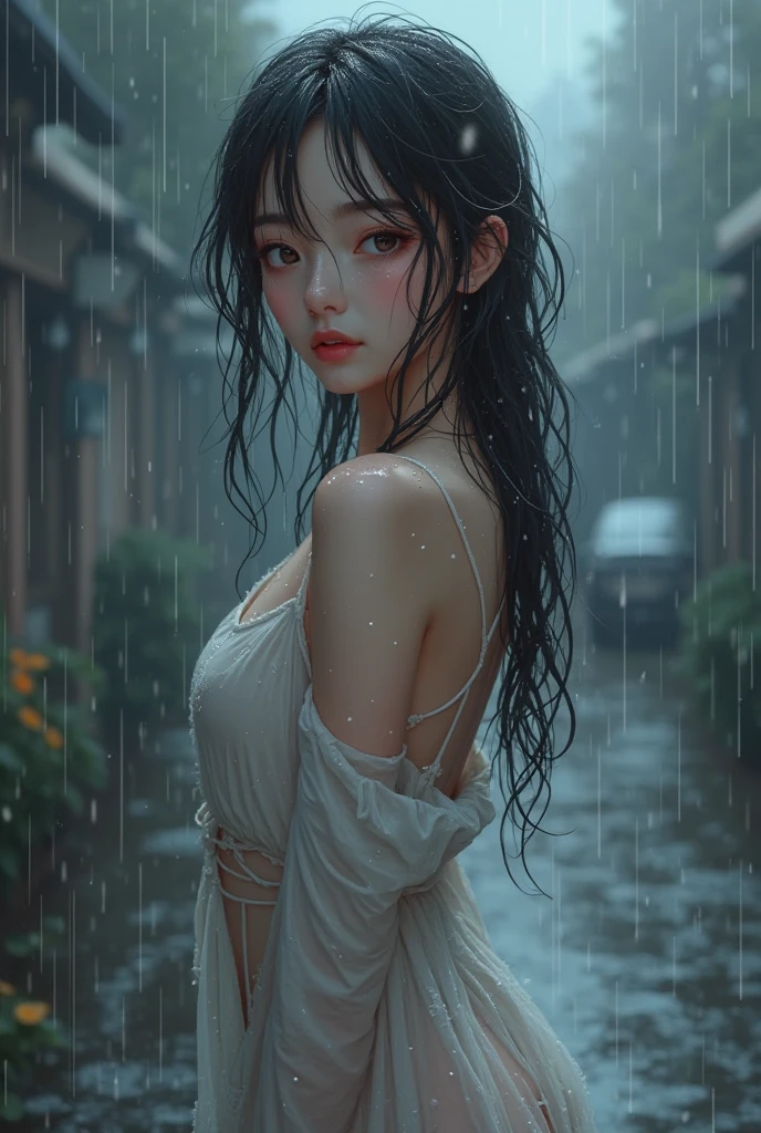 A beautiful anime girl in wet clothes, standing in the rain. Her soaked outfit clings to her body, water droplets glistening on her skin. Soft lights create a moody, romantic atmosphere.
