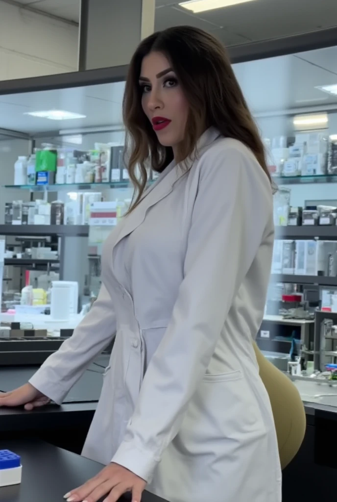 Jennifer Connelly dressed as a sexy pharmacist with a sexy smile.
